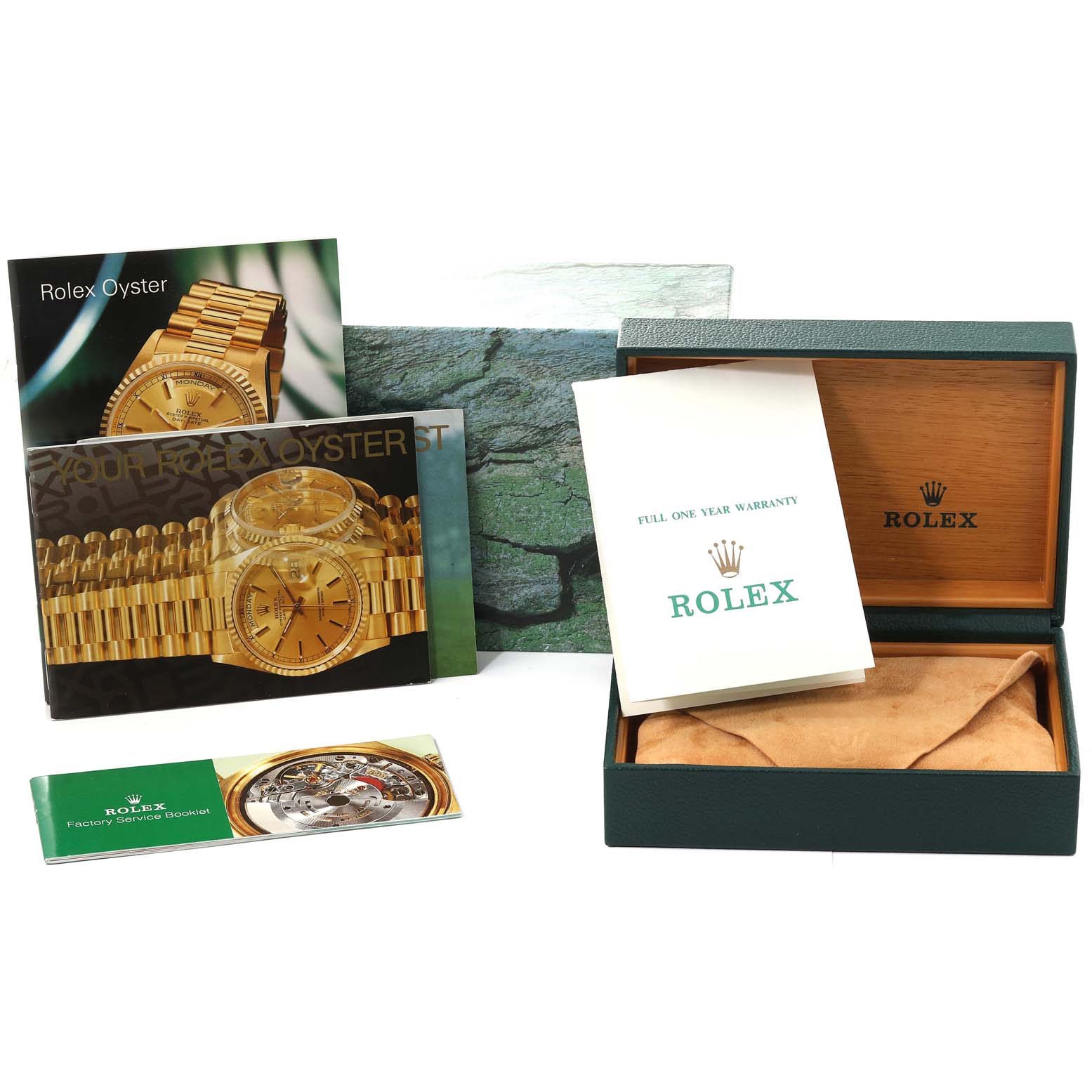 The image shows the storage box, manuals, and warranty card for a Rolex Air-King 14000 Men's Stainless Steel Silver Dial 14000 Men's Stainless Steel Silver Dial watch, displayed from a top angle.