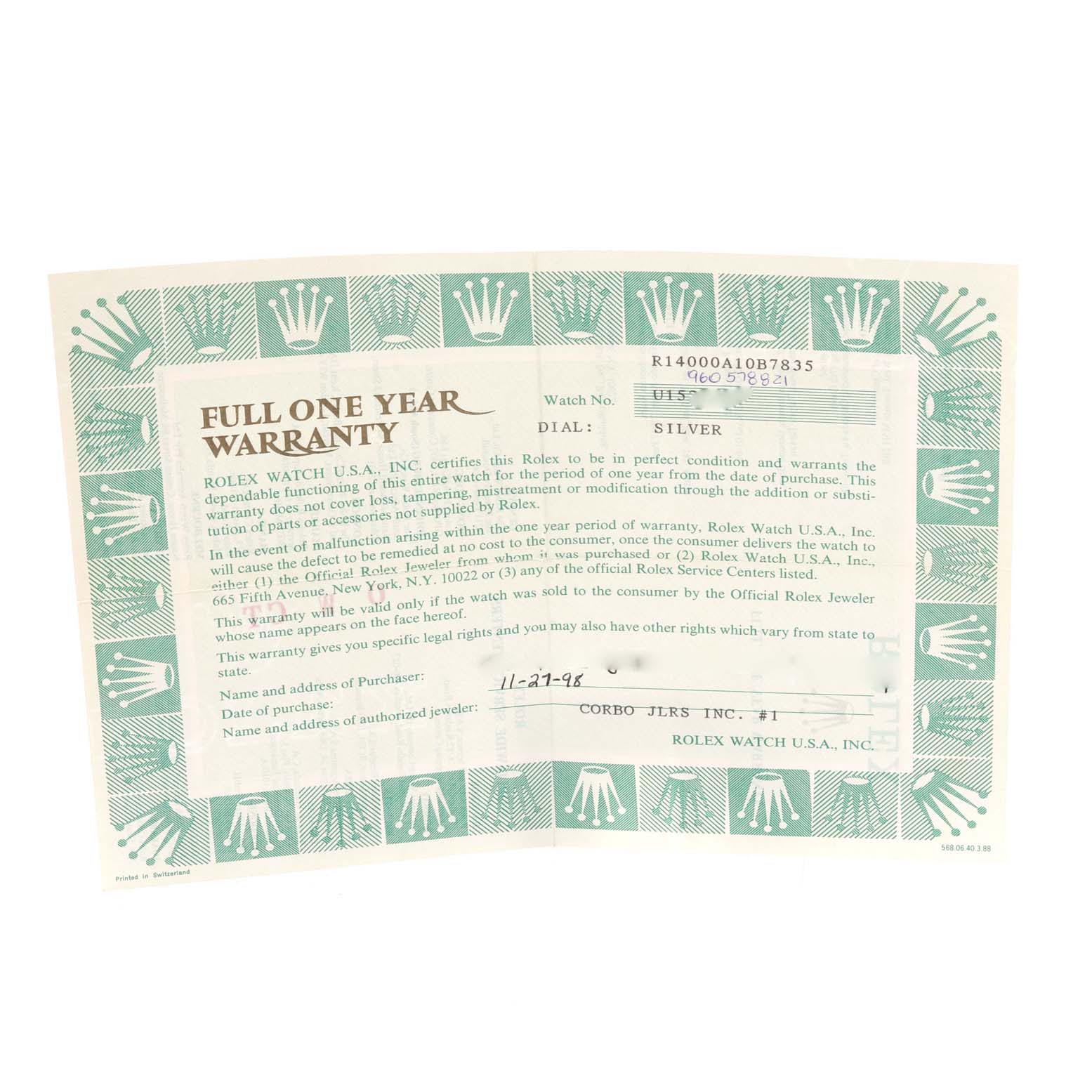 This image shows a full one-year warranty certificate for a Rolex Air-King 14000 Men's Stainless Steel Silver Dial 14000 Men's Stainless Steel Silver Dial watch model.