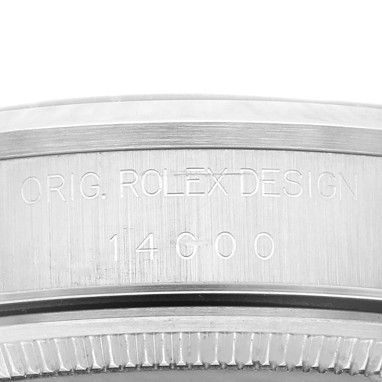 This close-up image shows the side of the bezel with "ORIG. ROLEX DESIGN" and model number 14000 engraved on the Rolex Air-King 14000 Men's Stainless Steel Silver Dial 14000 Men's Stainless Steel Silver Dial watch.