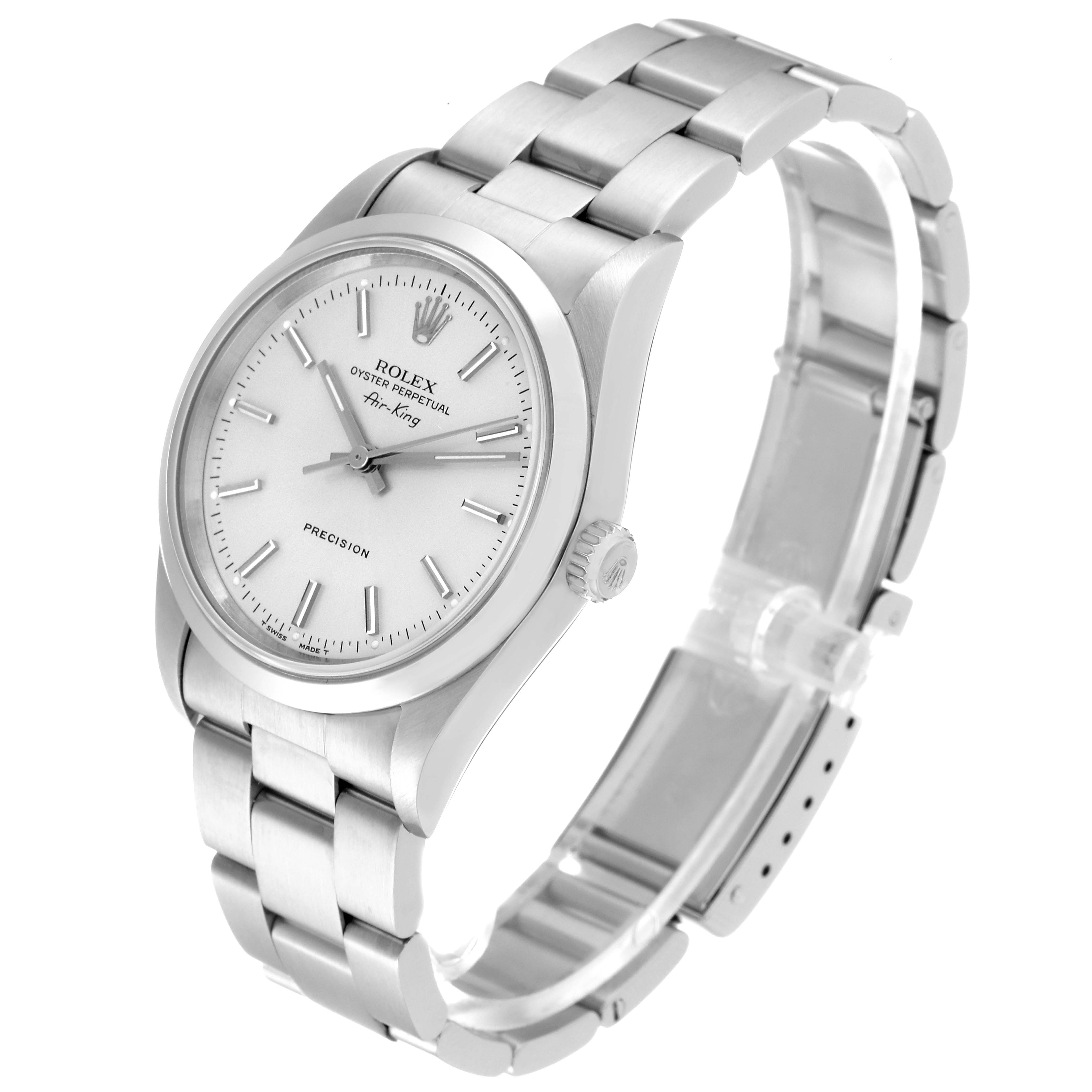 The image shows a side angle of the Rolex Air-King 14000 Men's Stainless Steel Silver Dial 14000 Men's Stainless Steel Silver Dial watch, displaying its face, bezel, crown, and bracelet.