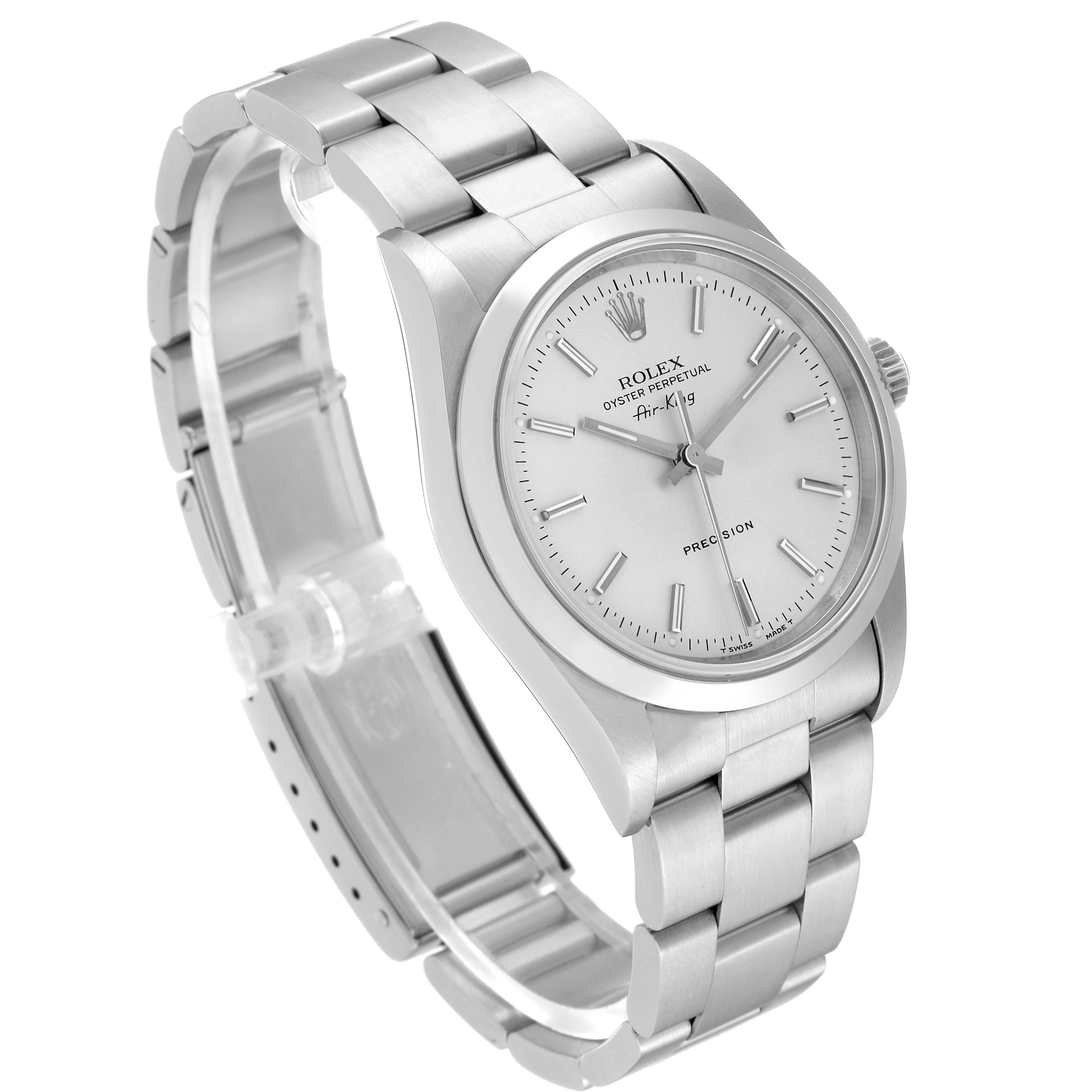 The image shows a Rolex Air-King 14000 Men's Stainless Steel Silver Dial 14000 Men's Stainless Steel Silver Dial watch from a three-fourths angle, highlighting its face, bezel, crown, and bracelet.