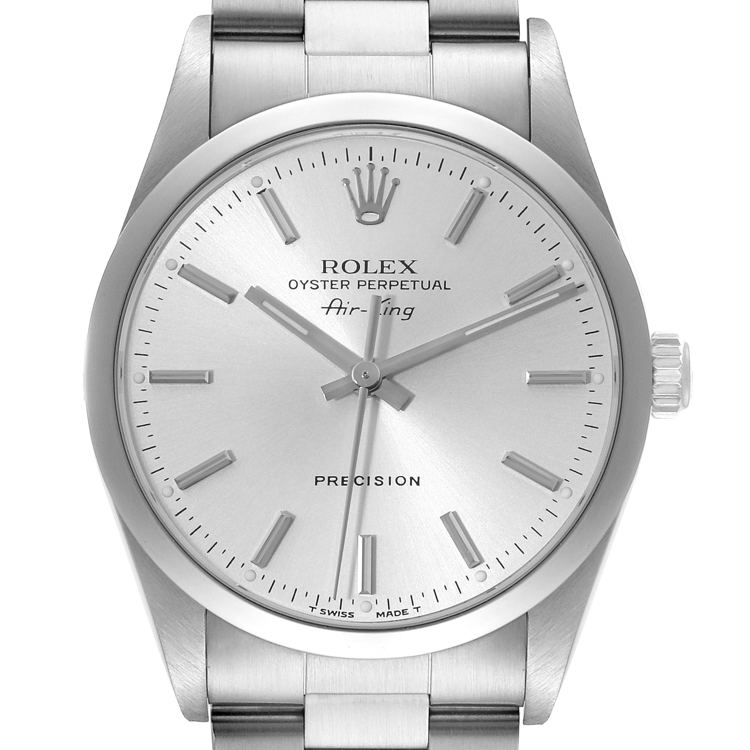 The image shows a front-facing view of the Rolex Air-King 14000 Men's Stainless Steel Silver Dial 14000 Men's Stainless Steel Silver Dial watch, displaying the dial, hands, crown, and part of the bracelet.