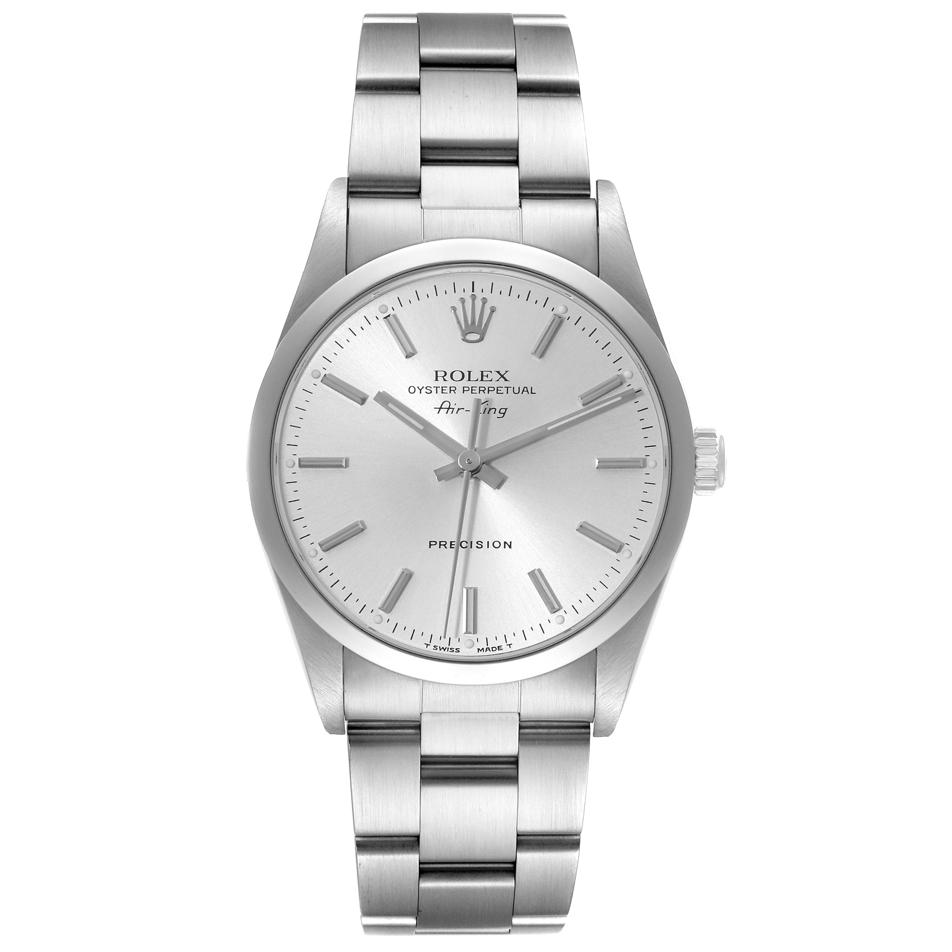 The image shows a front view of the Rolex Air-King 14000 Men's Stainless Steel Silver Dial 14000 Men's Stainless Steel Silver Dial watch, displaying the face, bezel, crown, and bracelet.