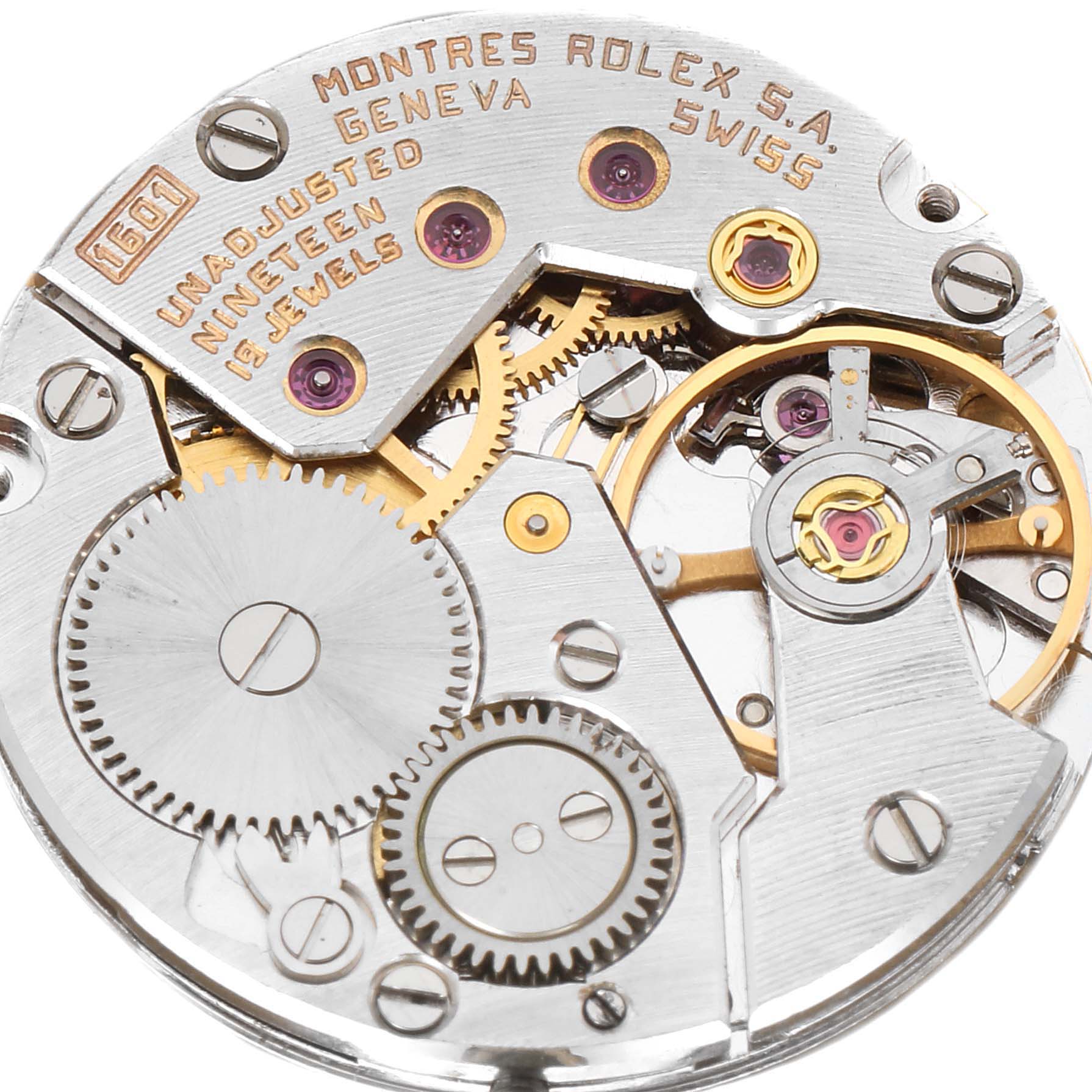 This image displays the intricate inner mechanism of a Rolex Cellini 4127 Men's Yellow Gold Brown Dial 4127 Men's Yellow Gold Brown Dial watch, highlighting gears, jewels, and the movement components.