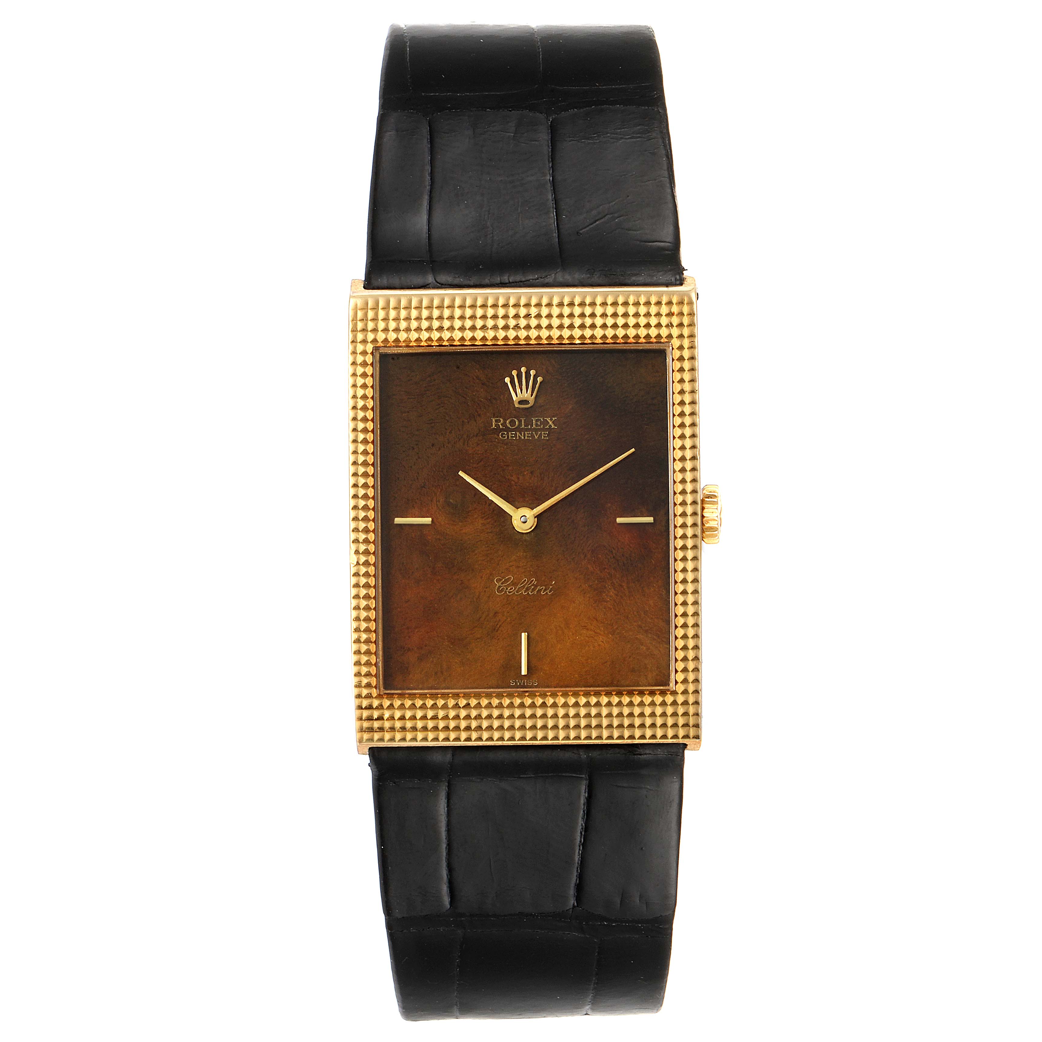 The Rolex Cellini 4127 Men's Yellow Gold Brown Dial 4127 Men's Yellow Gold Brown Dial watch is shown from a top-down angle, displaying its rectangular dial and black leather strap.