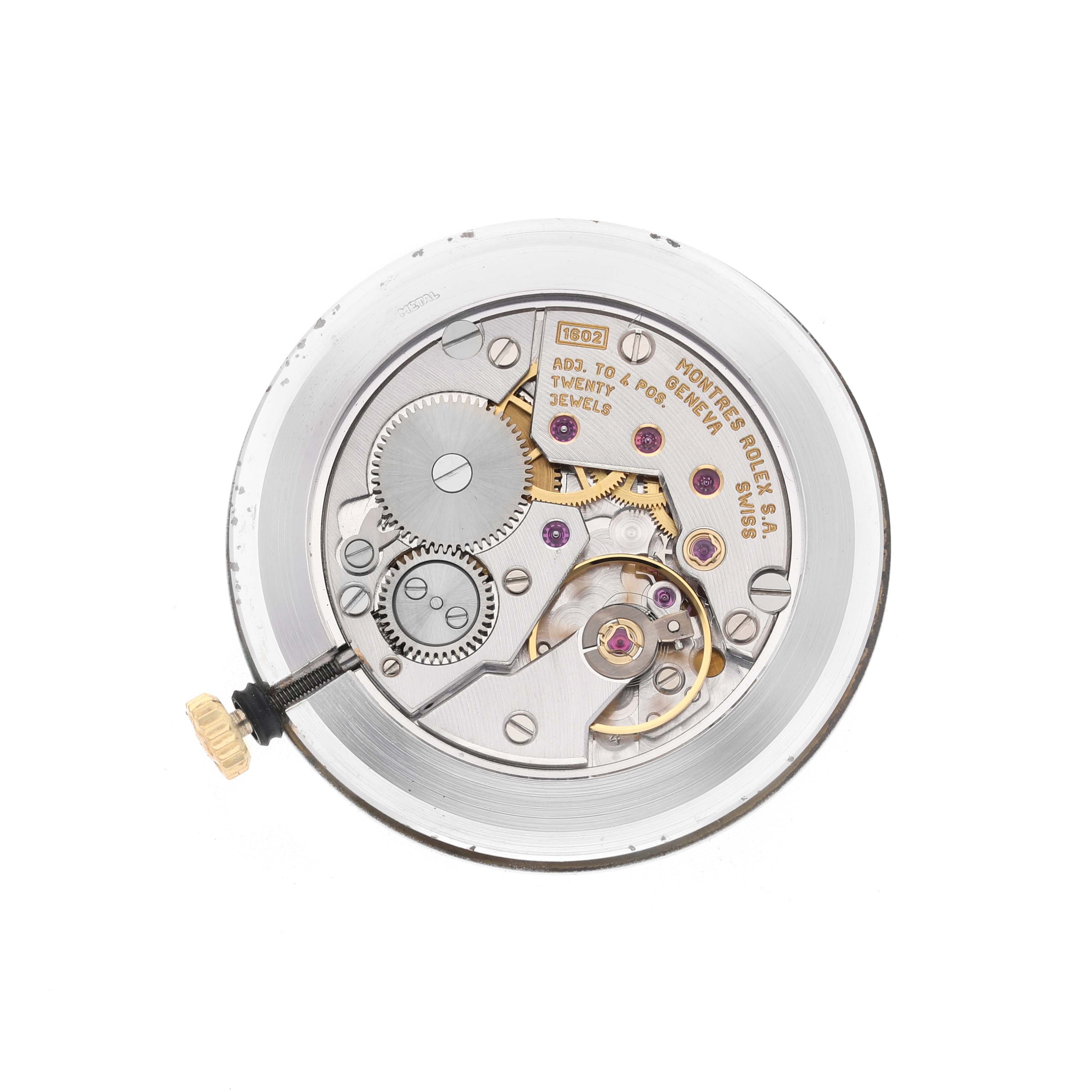 The image shows the movement of a Rolex Cellini 5112 Men's Yellow Gold White Dial watch from a top-down angle, highlighting gears and jewels.