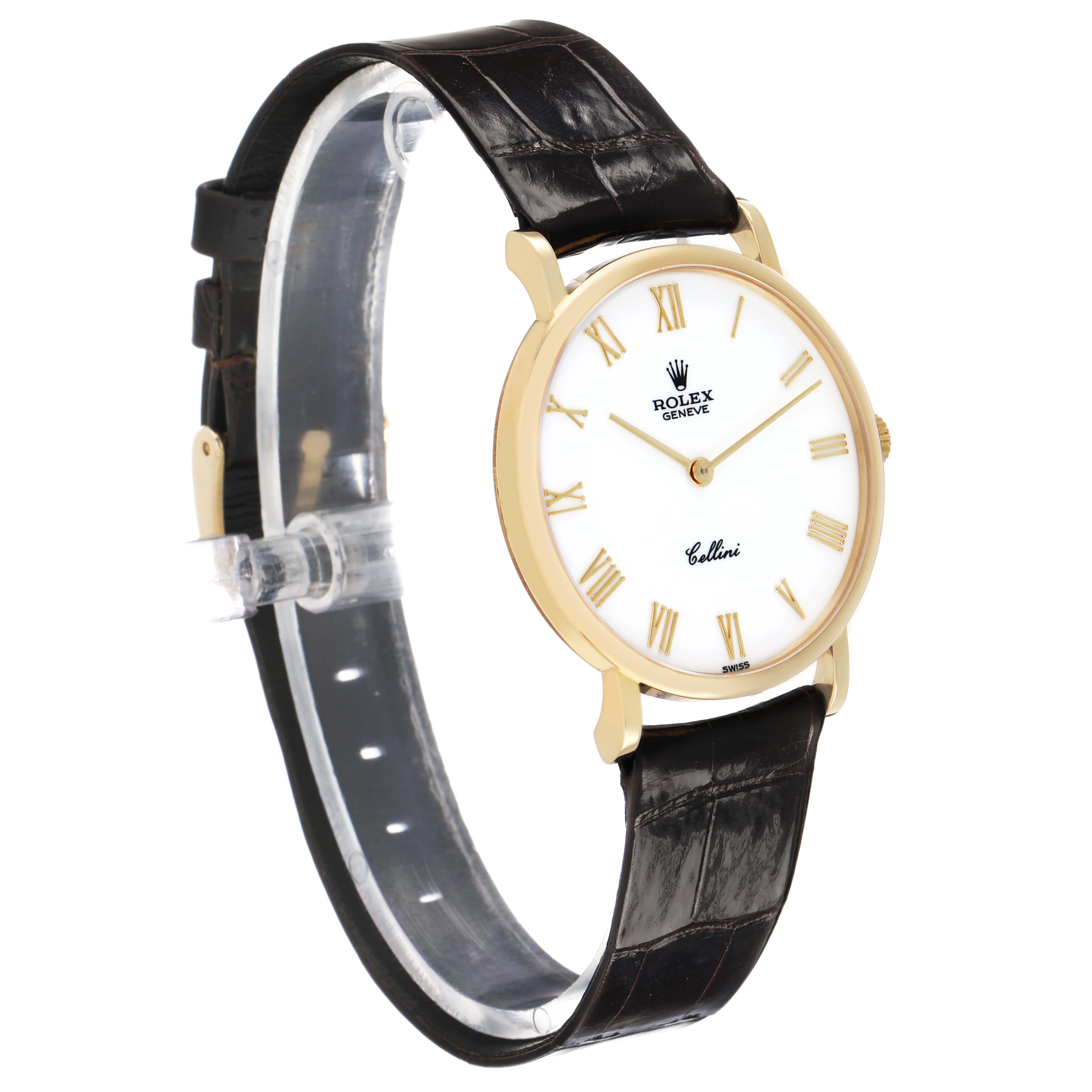 The Rolex Cellini 5112 Men's Yellow Gold White Dial watch is shown at a slight angle, displaying the dial, gold case, and brown leather strap.