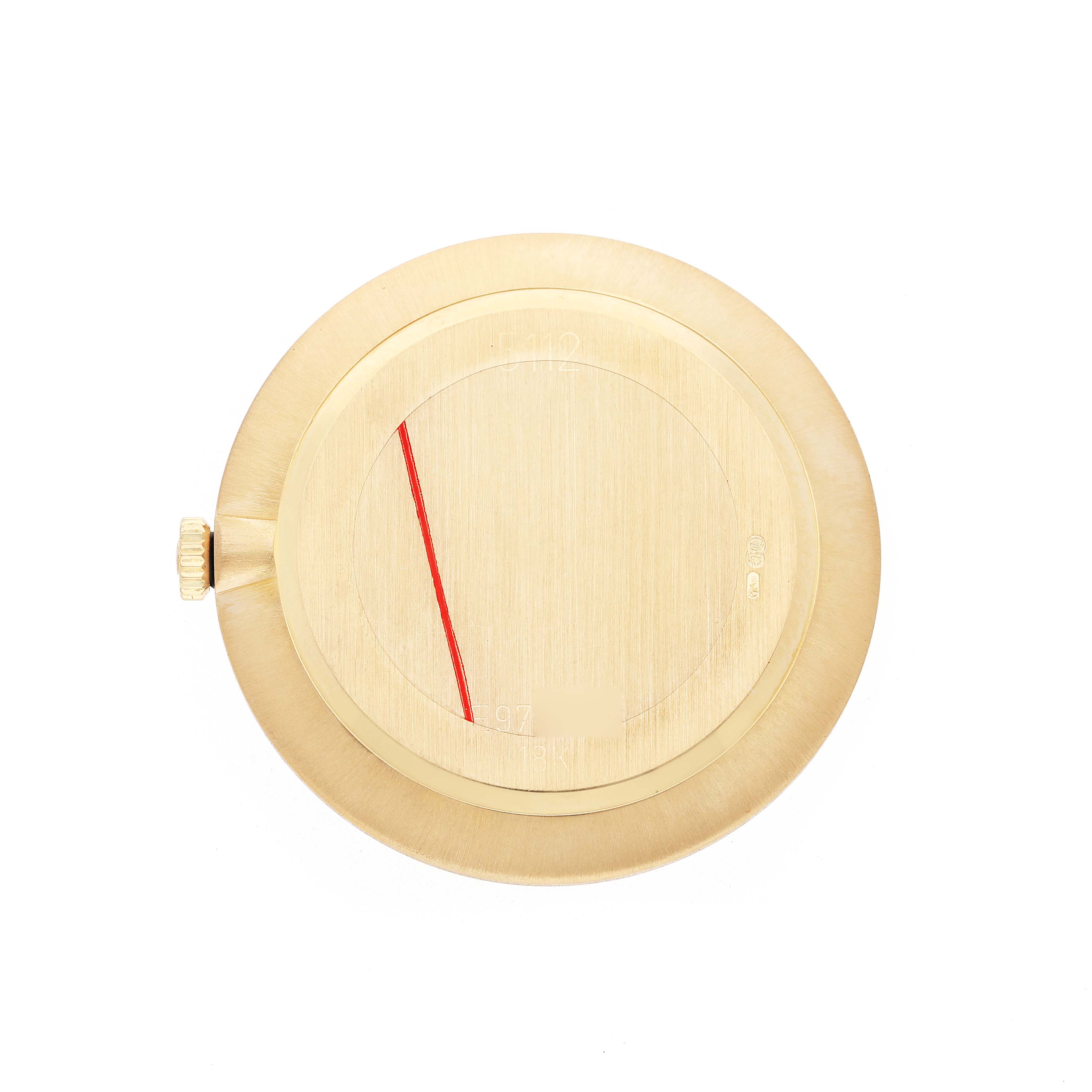 The image shows the back case of a Rolex Cellini 5112 Men's Yellow Gold White Dial watch from a top-down angle, highlighting its circular shape and crown.