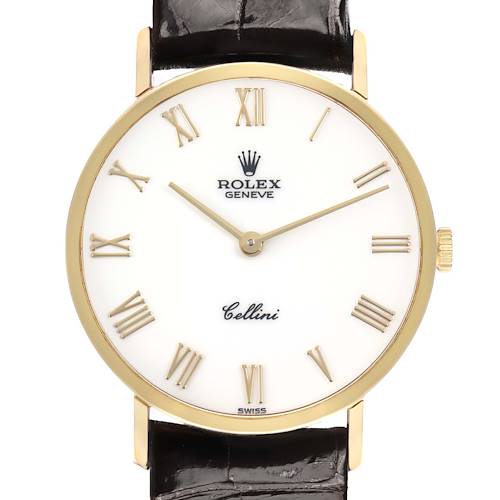The image shows a front view of a Rolex Cellini 5112 Men's Yellow Gold White Dial watch, highlighting its gold case, white dial with Roman numerals, and leather strap.