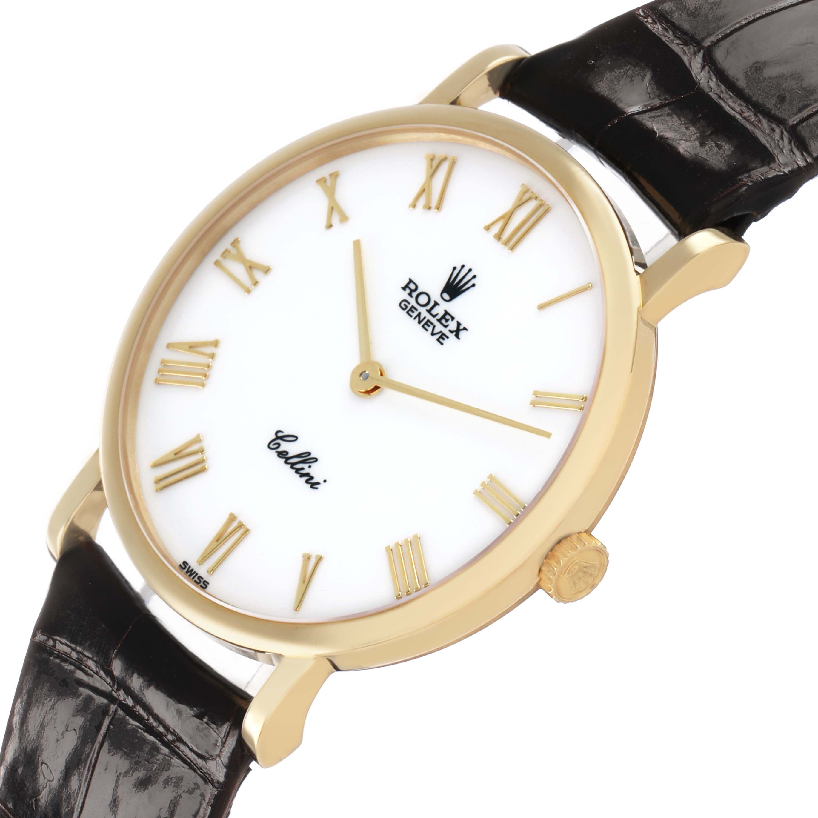 The image shows a Rolex Cellini 5112 Men's Yellow Gold White Dial watch at a slight angle, highlighting the dial, gold case, Roman numerals, and leather strap.