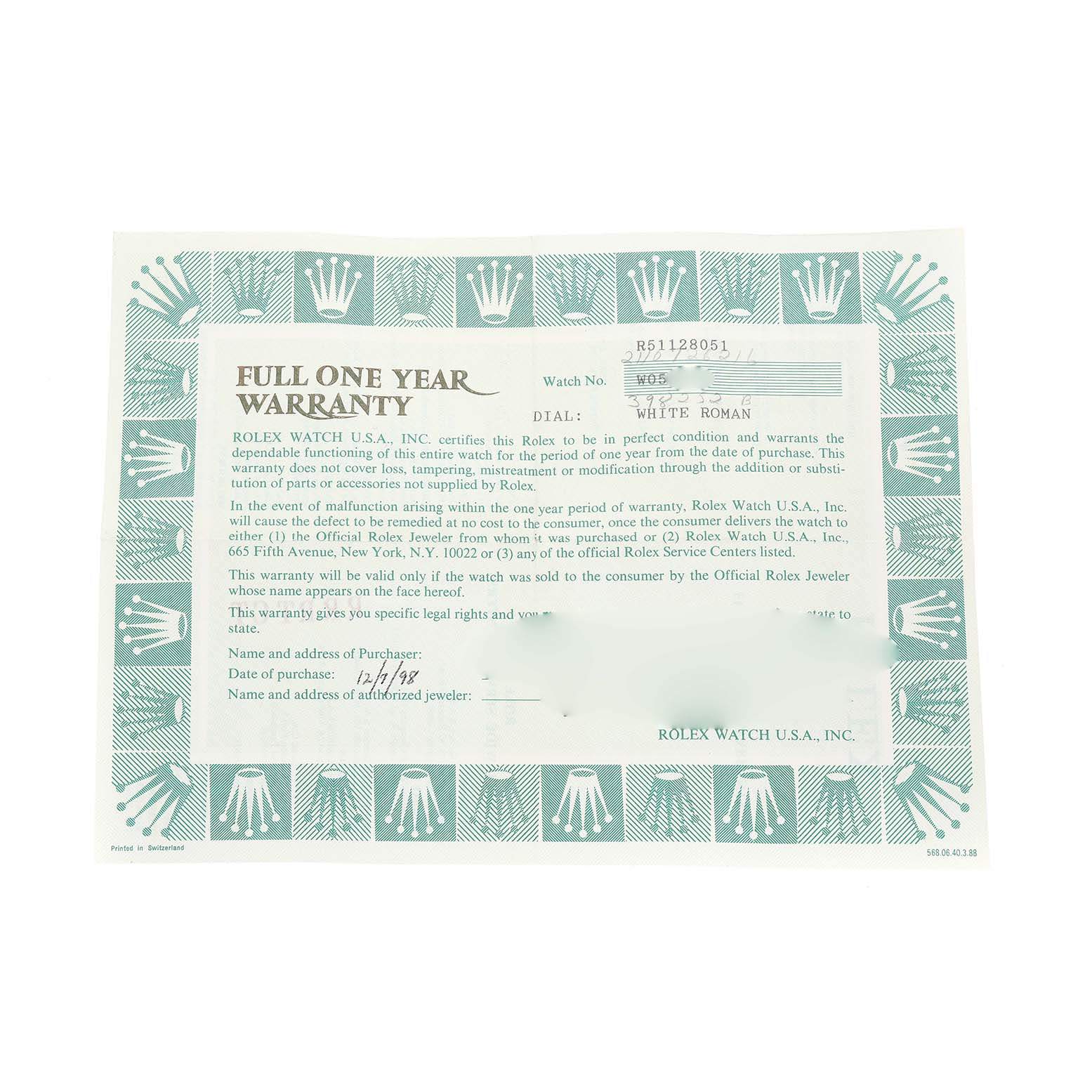 This is a warranty card for the Rolex Cellini 5112 Men's Yellow Gold White Dial model, showing certification details and purchase information.