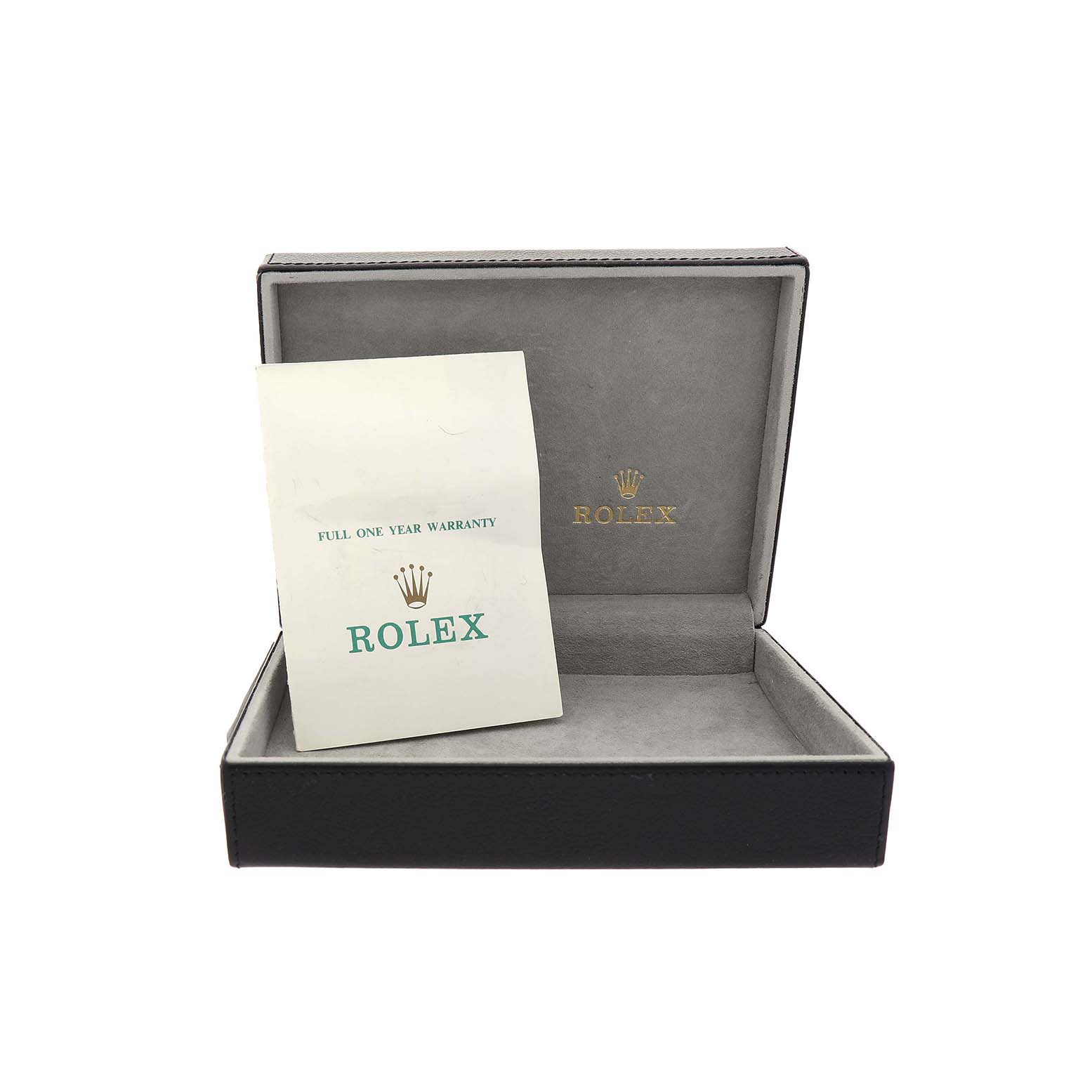 The image shows an open black box for a Rolex Cellini 5112 Men's Yellow Gold White Dial watch, featuring a warranty card inside.