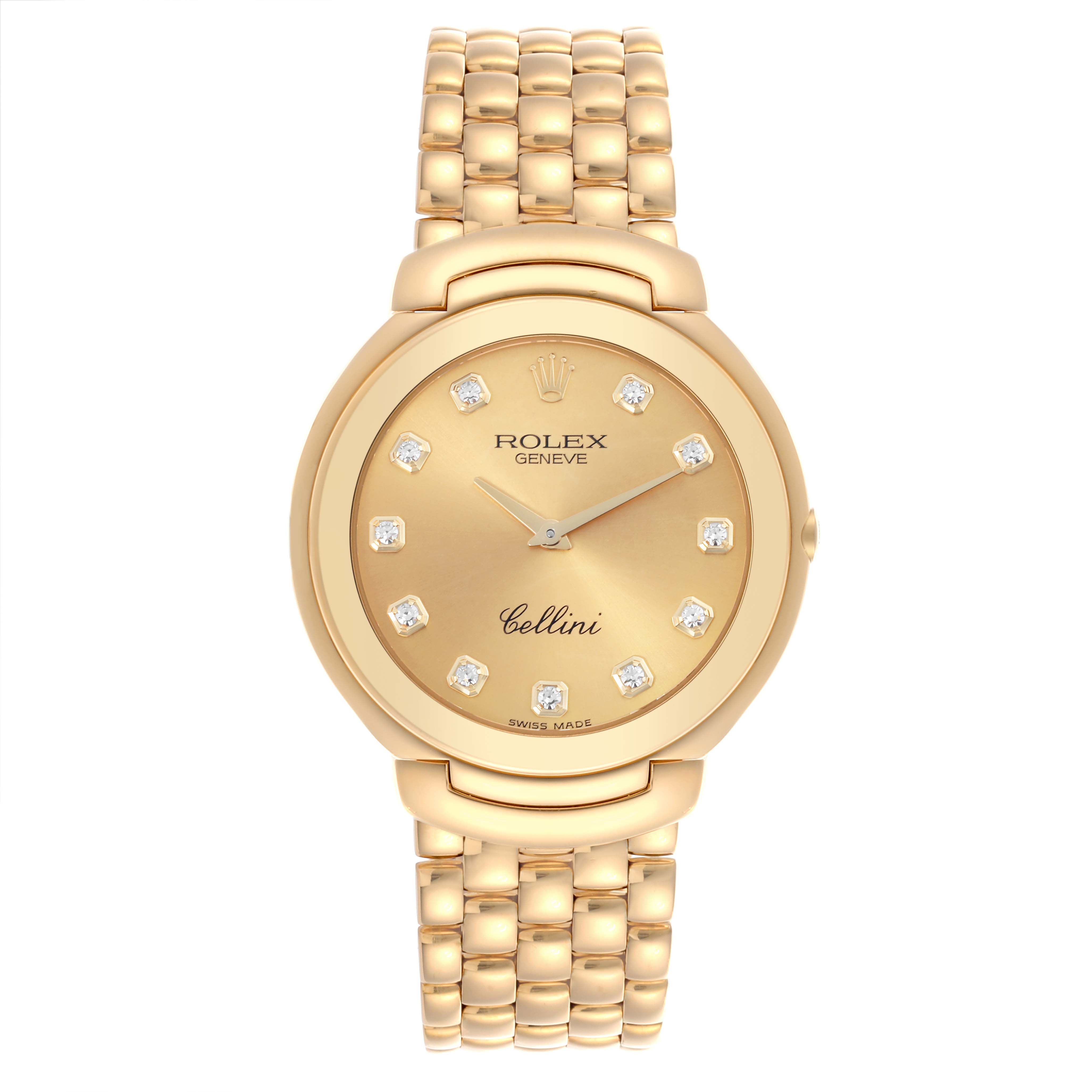 The Rolex Cellini 6623 Men's Yellow Gold Champagne Dial 6623 Men's Yellow Gold Champagne Dial watch is shown from a top-down angle, highlighting the dial, bezel, and bracelet.