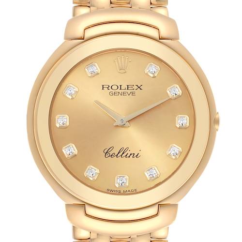 The Rolex Cellini watch is shown from a front angle, highlighting the gold dial, markers, and part of the bracelet.