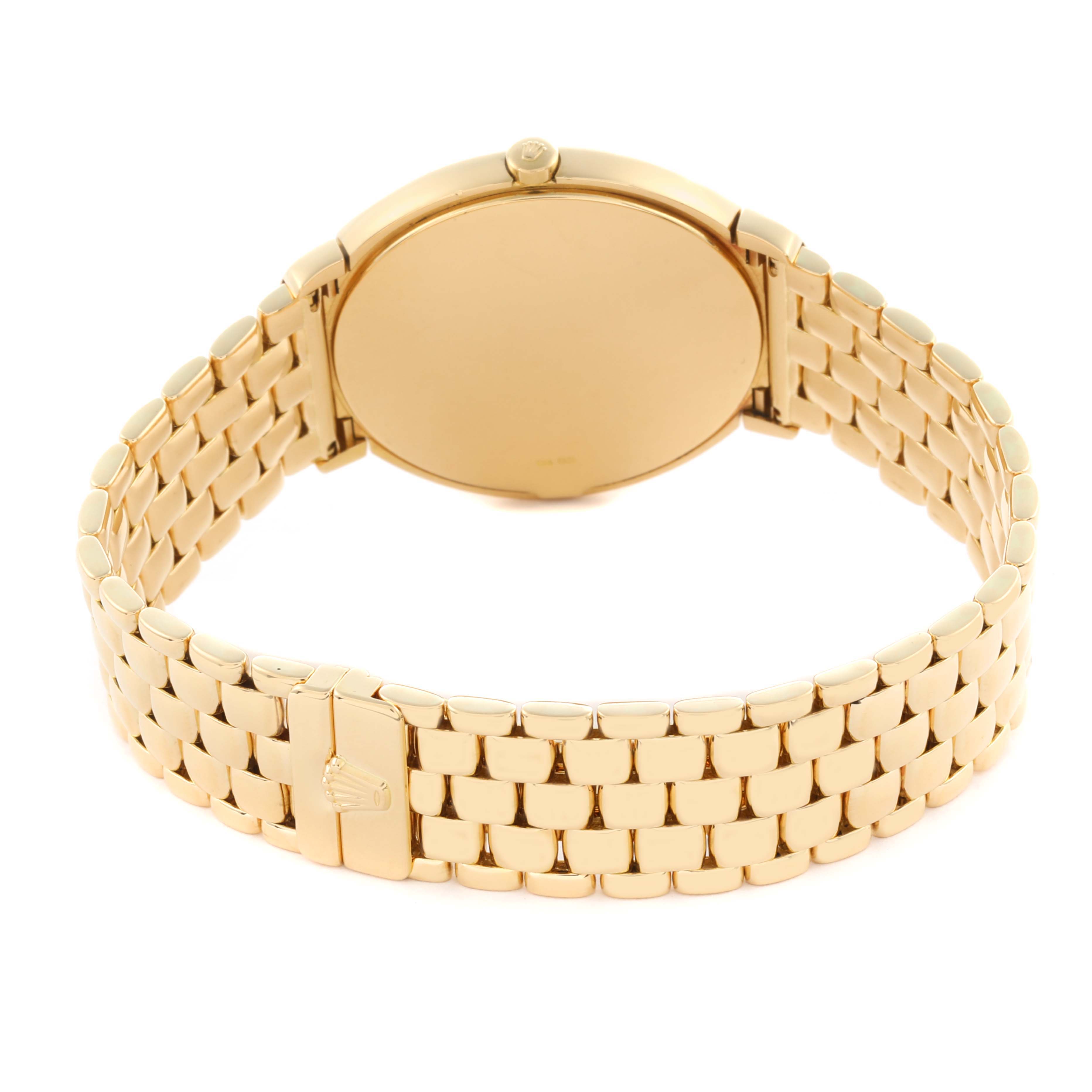 The image displays the back of a Rolex Cellini 6623 Men's Yellow Gold Champagne Dial 6623 Men's Yellow Gold Champagne Dial watch, showcasing its gold bracelet and clasp.