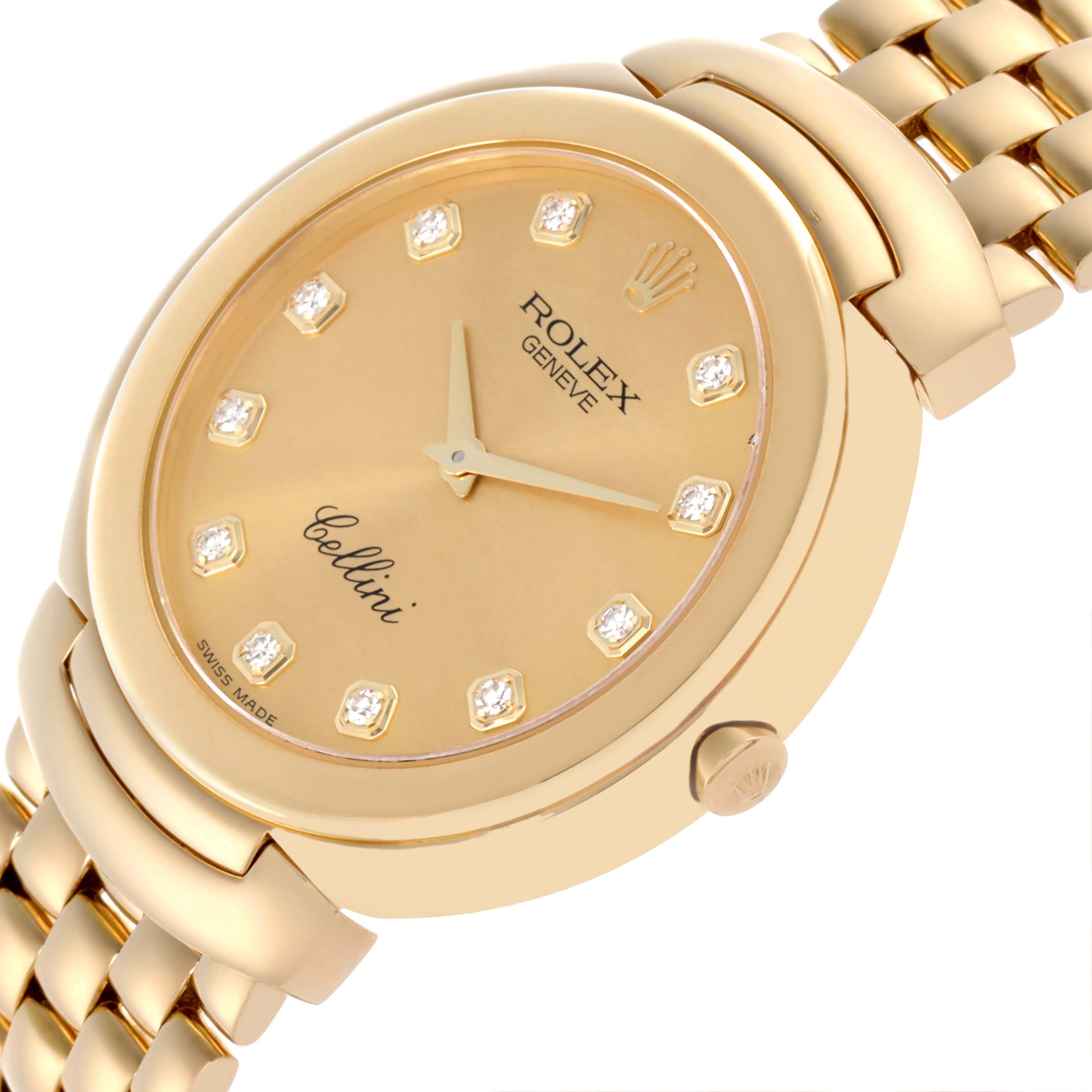 The Rolex Cellini 6623 Men's Yellow Gold Champagne Dial 6623 Men's Yellow Gold Champagne Dial watch is angled to show its gold dial, diamond hour markers, crown, and part of the bracelet.