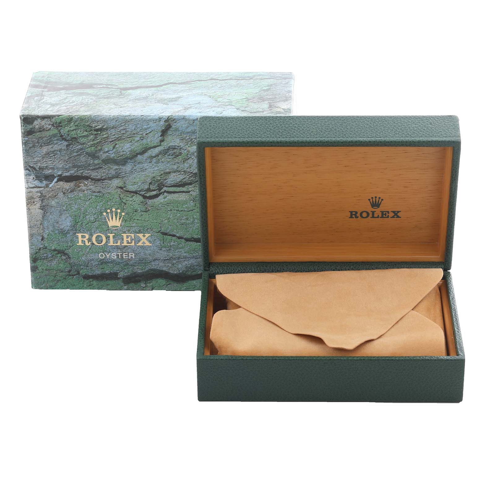 The image shows a Rolex Cellini 6623 Men's Yellow Gold Champagne Dial 6623 Men's Yellow Gold Champagne Dial watch box at an angle, with its textured lid open, revealing a protective pouch.