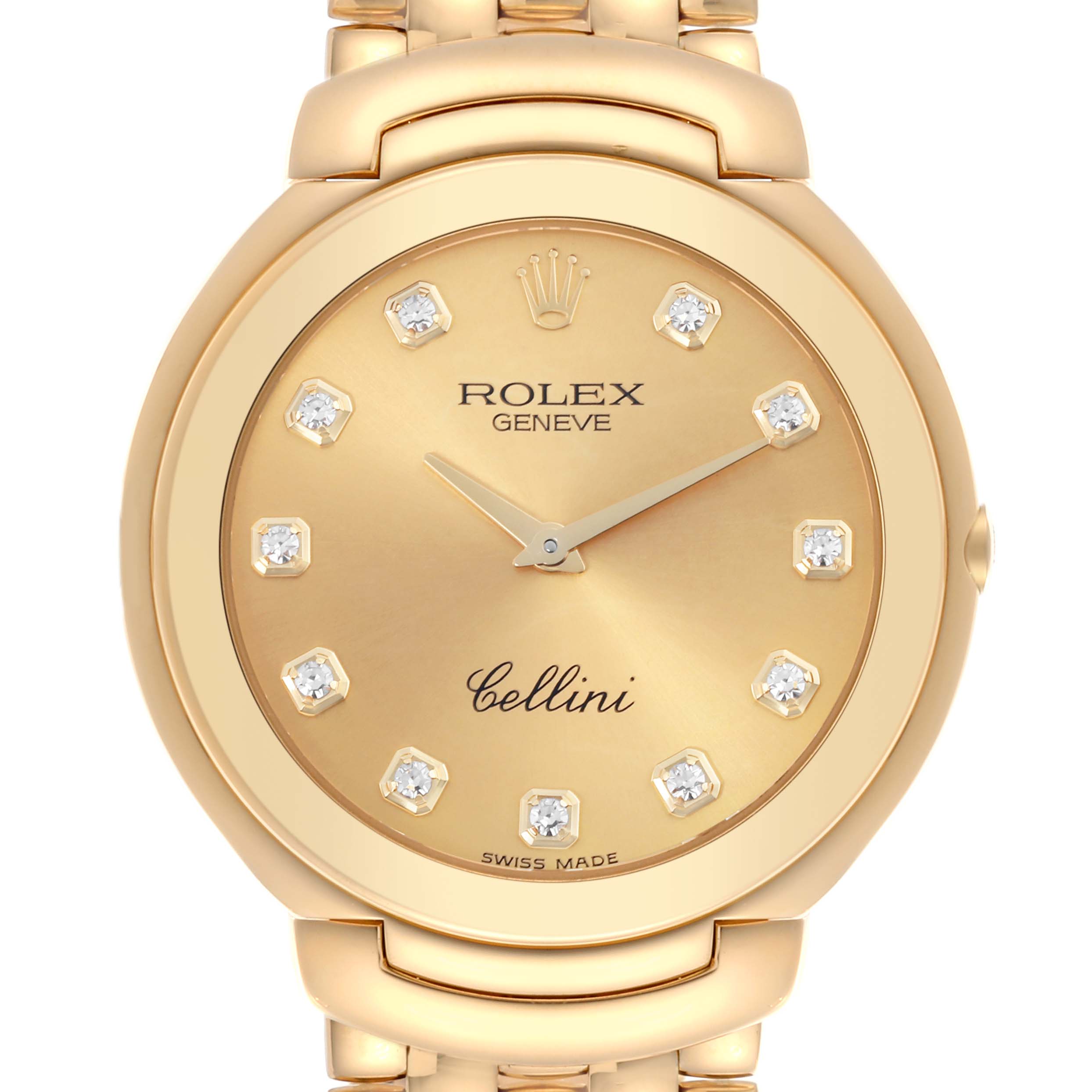 The Rolex Cellini 6623 Men's Yellow Gold Champagne Dial 6623 Men's Yellow Gold Champagne Dial watch is shown from a front angle, highlighting the gold dial and diamond hour markers.