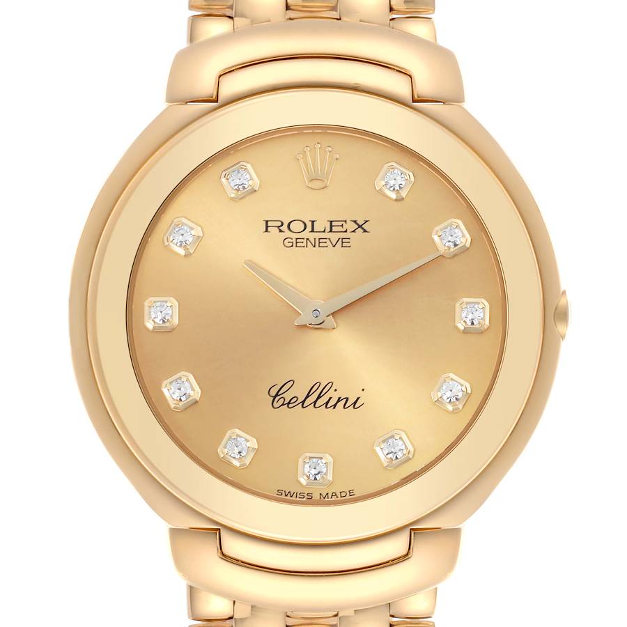 The Rolex Cellini watch is shown from a front angle, highlighting the gold dial and diamond hour markers.