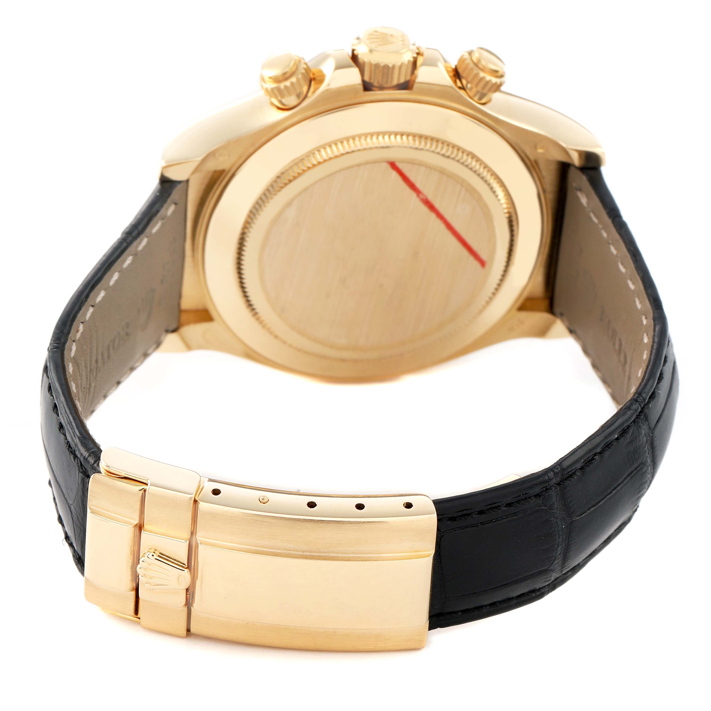 The image shows the back and side profile of a Rolex Daytona 116518 Men's Yellow Gold Blue Dial watch, highlighting the gold case, crown, and black leather strap.