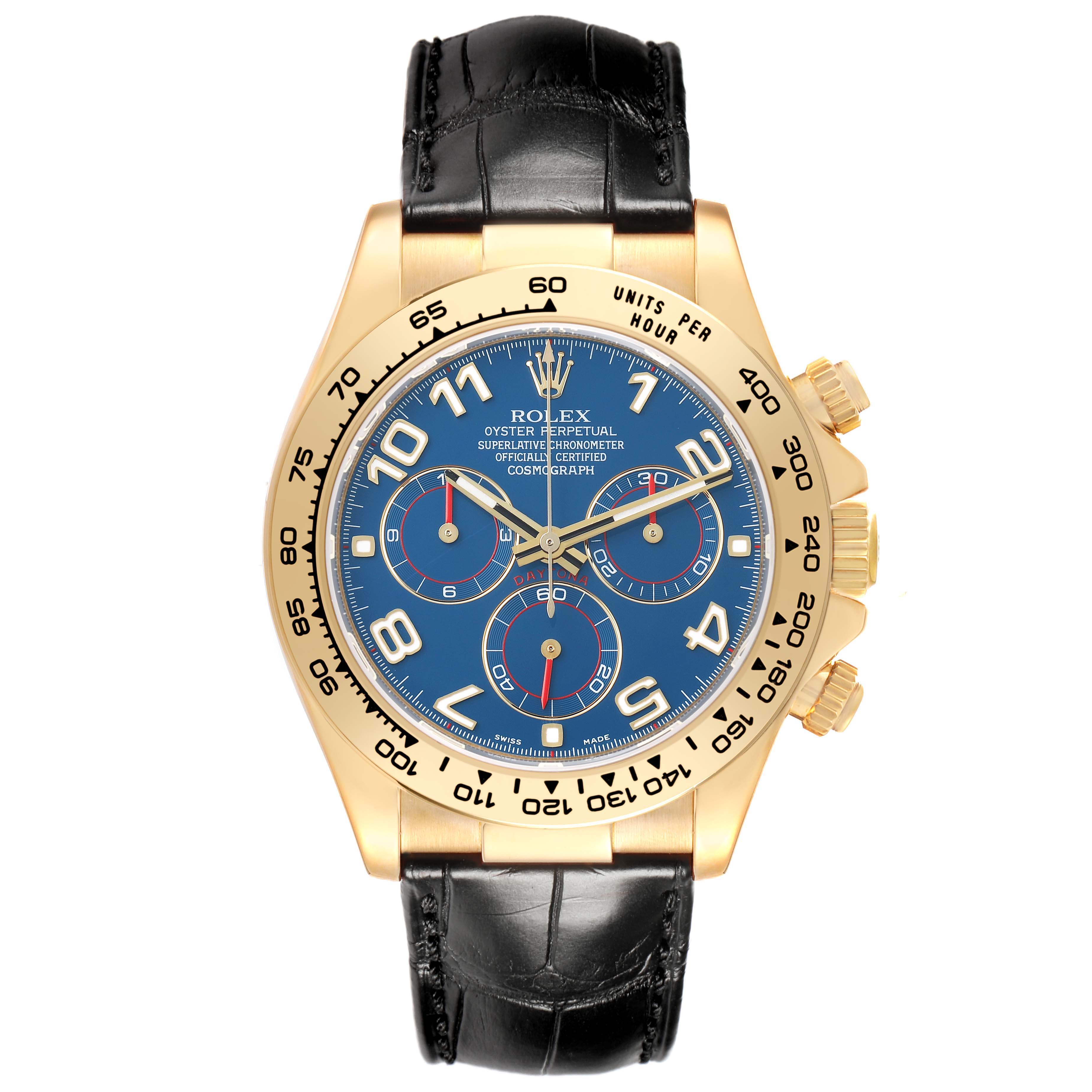 The image shows a Rolex Daytona 116518 Men's Yellow Gold Blue Dial watch from a front angle, highlighting the blue dial, gold bezel, and black leather strap.