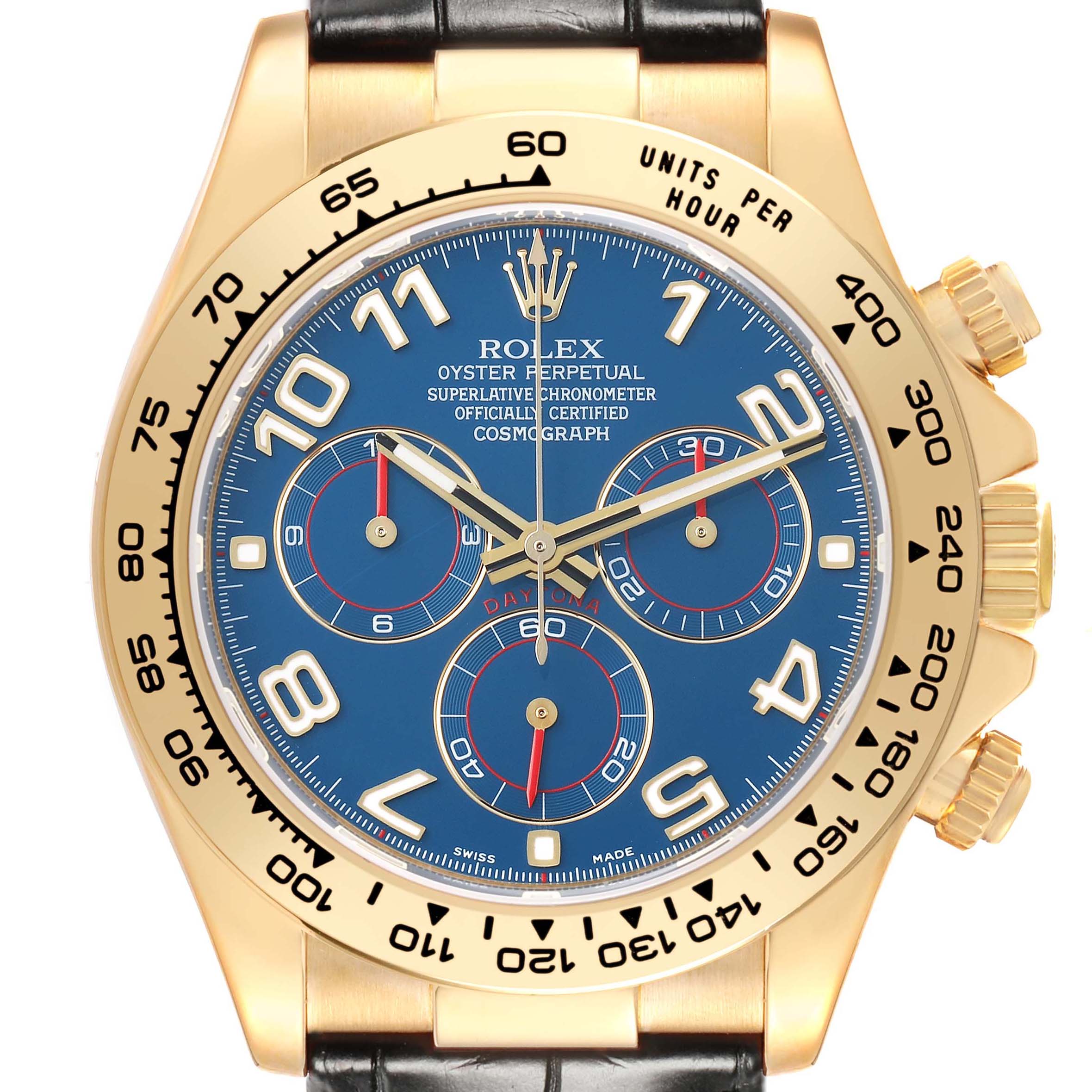 The Rolex Daytona 116518 Men's Yellow Gold Blue Dial watch is shown from a front angle, highlighting its blue dial, gold bezel, and black strap.