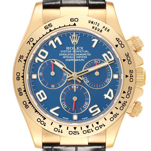 The image shows a front view of a Rolex Daytona 116518 Men's Yellow Gold Blue Dial watch, highlighting the blue dial, gold bezel, and black strap.