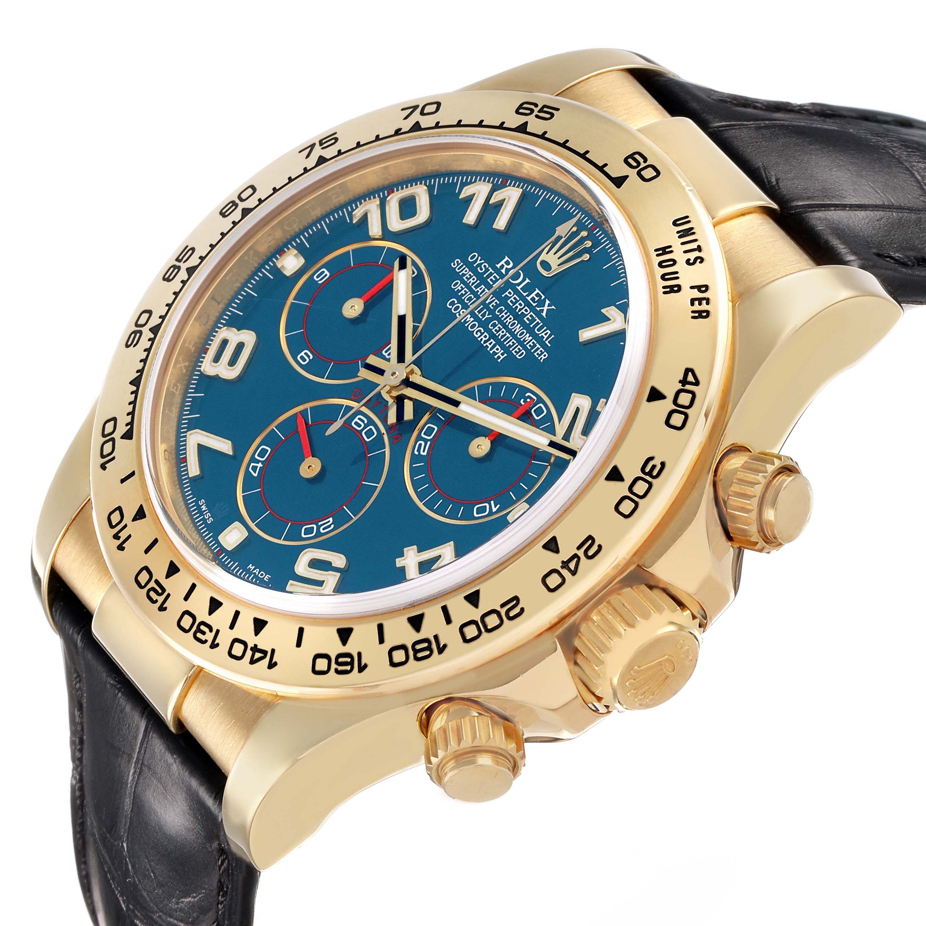 The Rolex Daytona 116518 Men's Yellow Gold Blue Dial watch is shown at an angle highlighting its gold case, blue dial, chronograph sub-dials, and black leather strap.