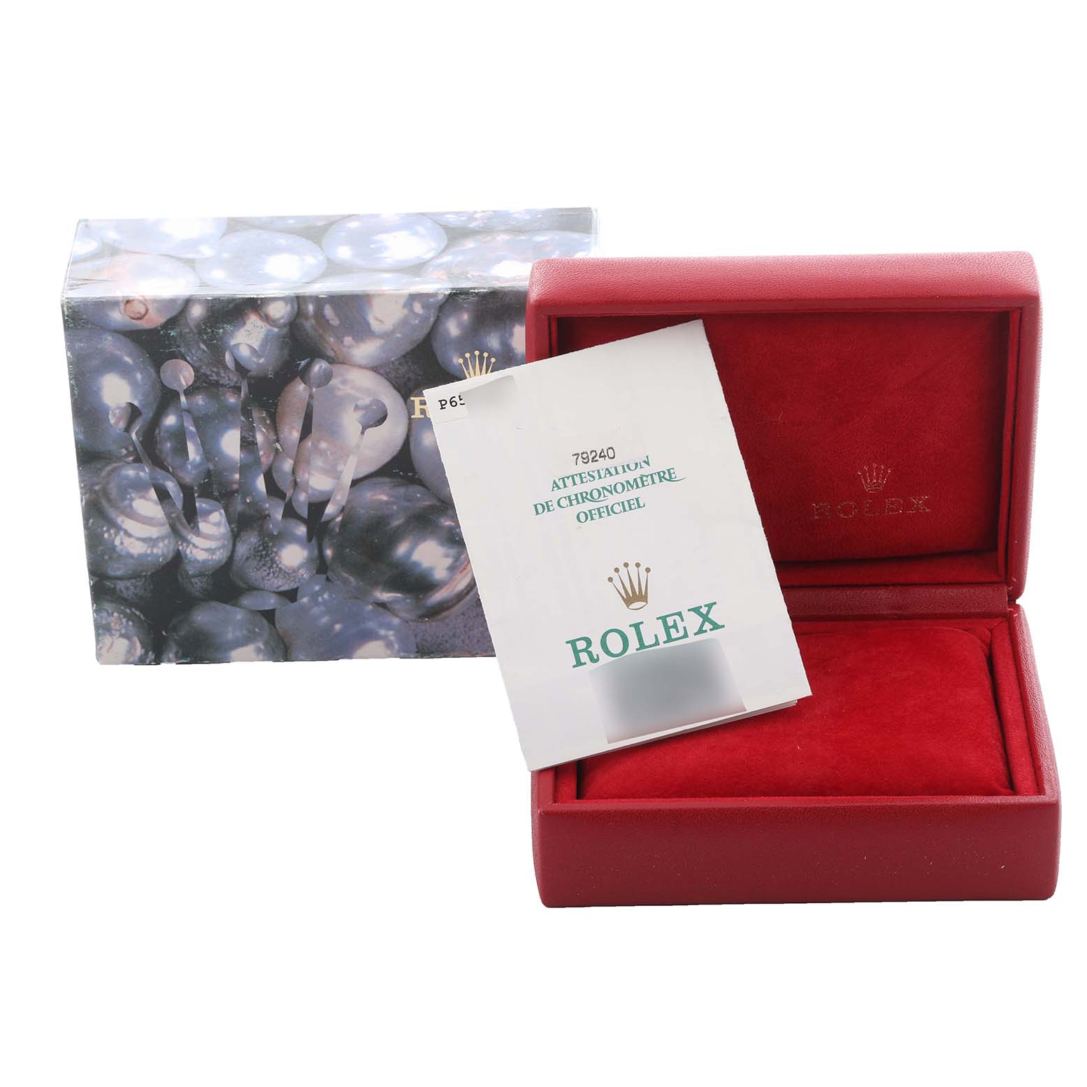 The image shows a Rolex Date 79240 Women's Stainless Steel Pink Dial 79240 Women's Stainless Steel Pink Dial model box, red watch box, and a certificate booklet.