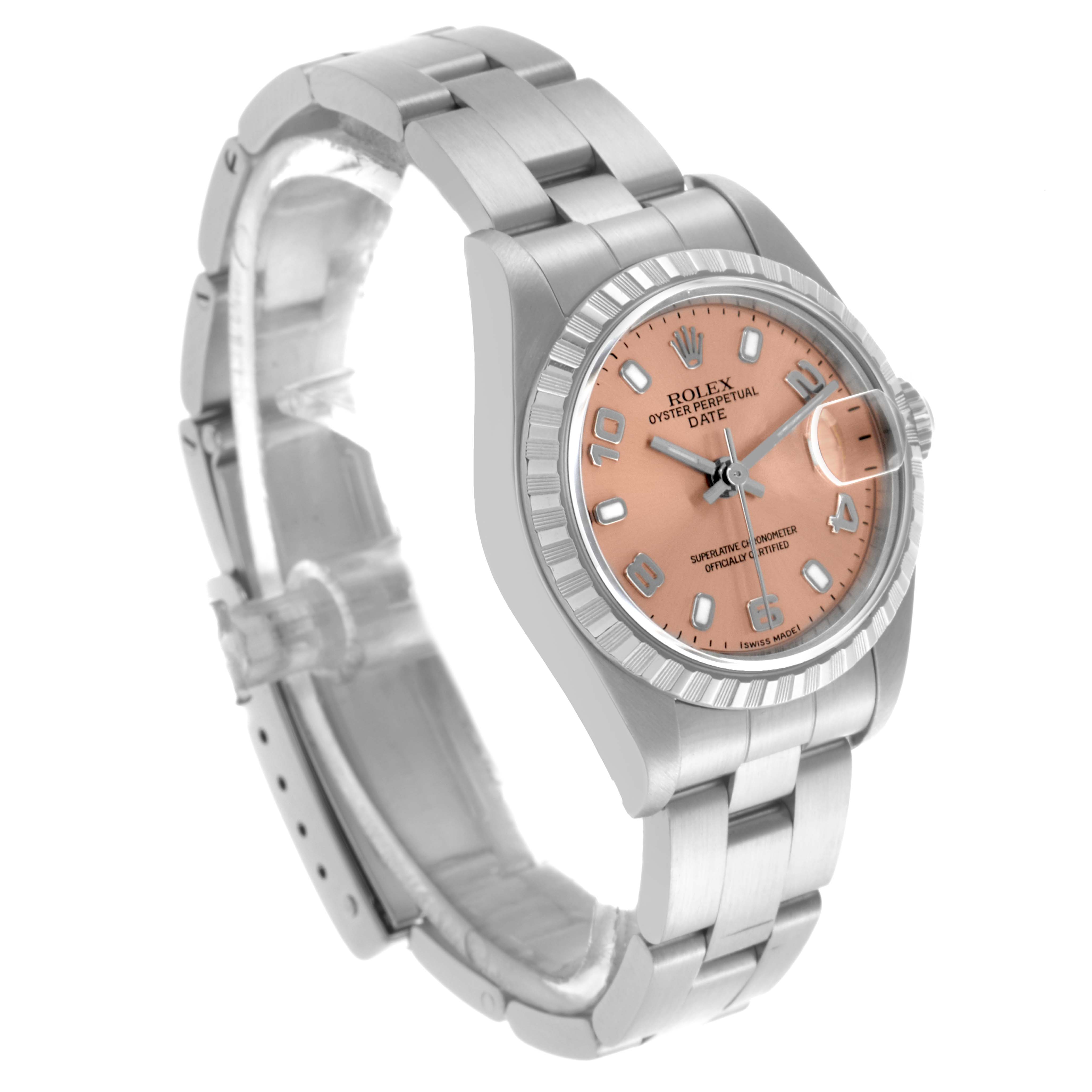 The Rolex Date 79240 Women's Stainless Steel Pink Dial 79240 Women's Stainless Steel Pink Dial watch is shown from a three-quarter view, highlighting the bracelet, case, and dial.