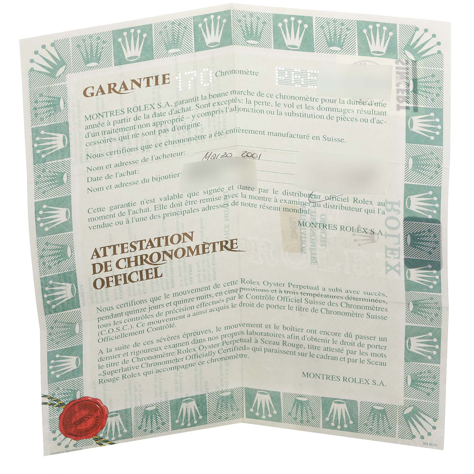 The image shows the official chronometer certificate for a Rolex Date 79240 Women's Stainless Steel Pink Dial 79240 Women's Stainless Steel Pink Dial model, partially unfolded and featuring prominent branding.