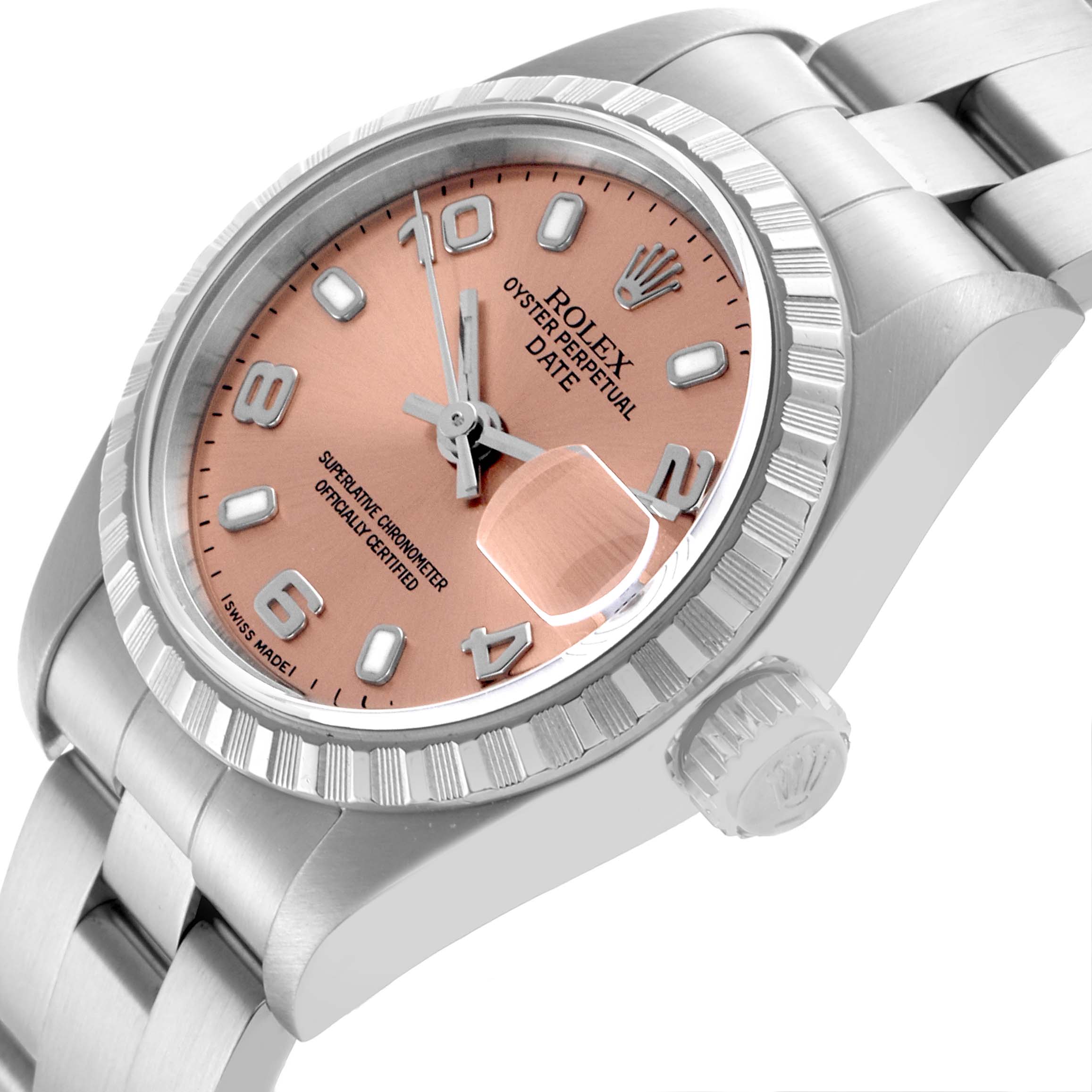 The Rolex Date 79240 Women's Stainless Steel Pink Dial 79240 Women's Stainless Steel Pink Dial model watch is shown at an angled view, highlighting the face, bezel, crown, and part of the bracelet.