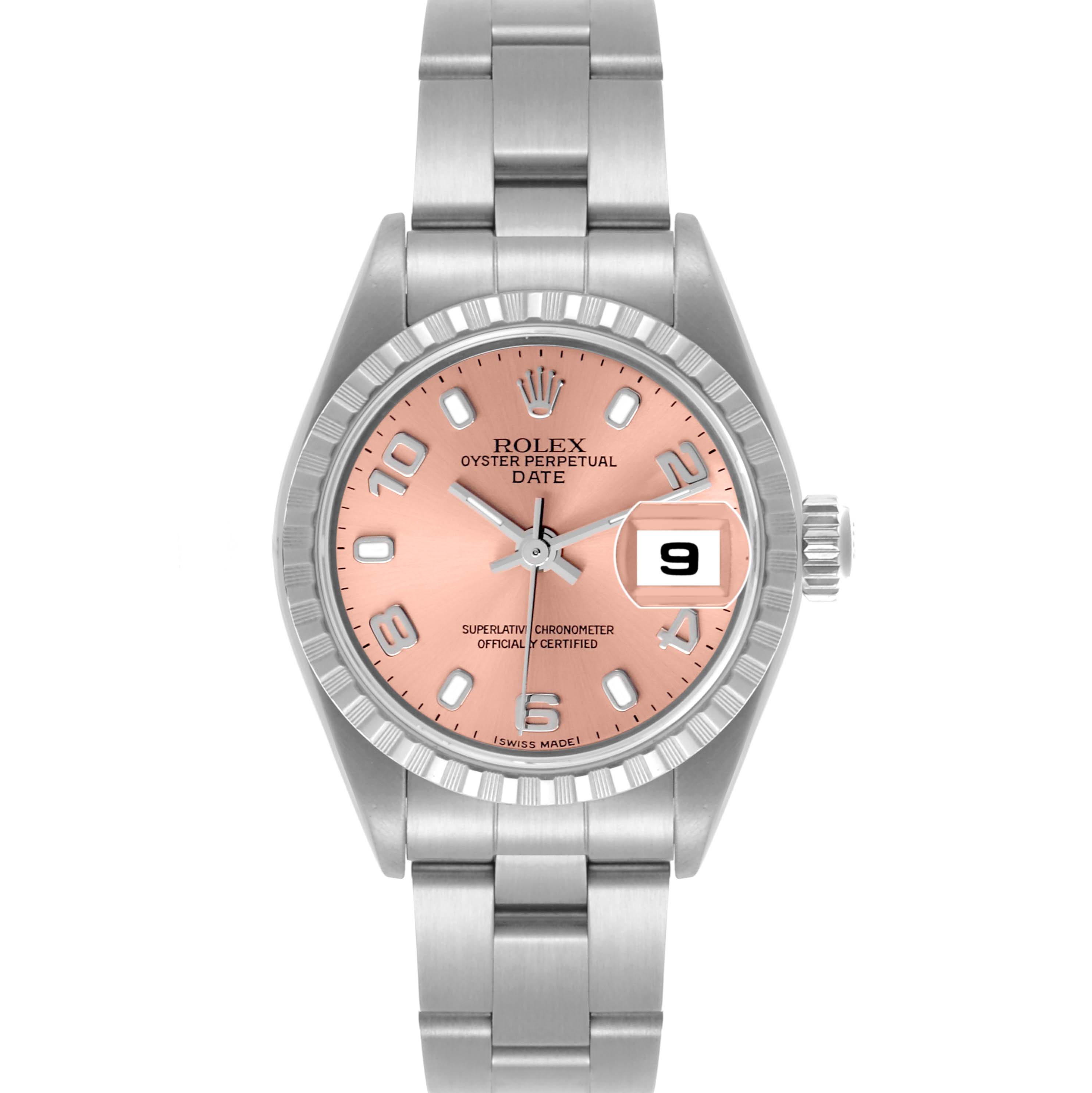 The Rolex Date 79240 Women's Stainless Steel Pink Dial 79240 Women's Stainless Steel Pink Dial watch is shown from a front angle, highlighting the pink dial, bezel, and bracelet.