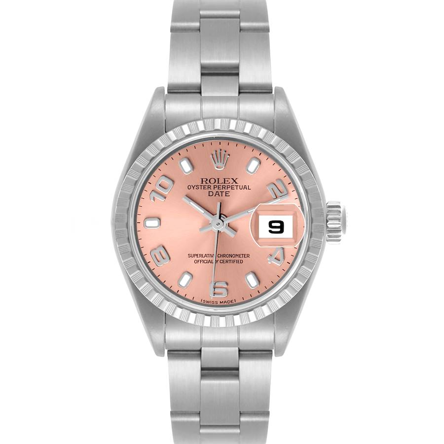 The Rolex Date watch is shown from a front angle, highlighting the pink dial, bezel, and bracelet.