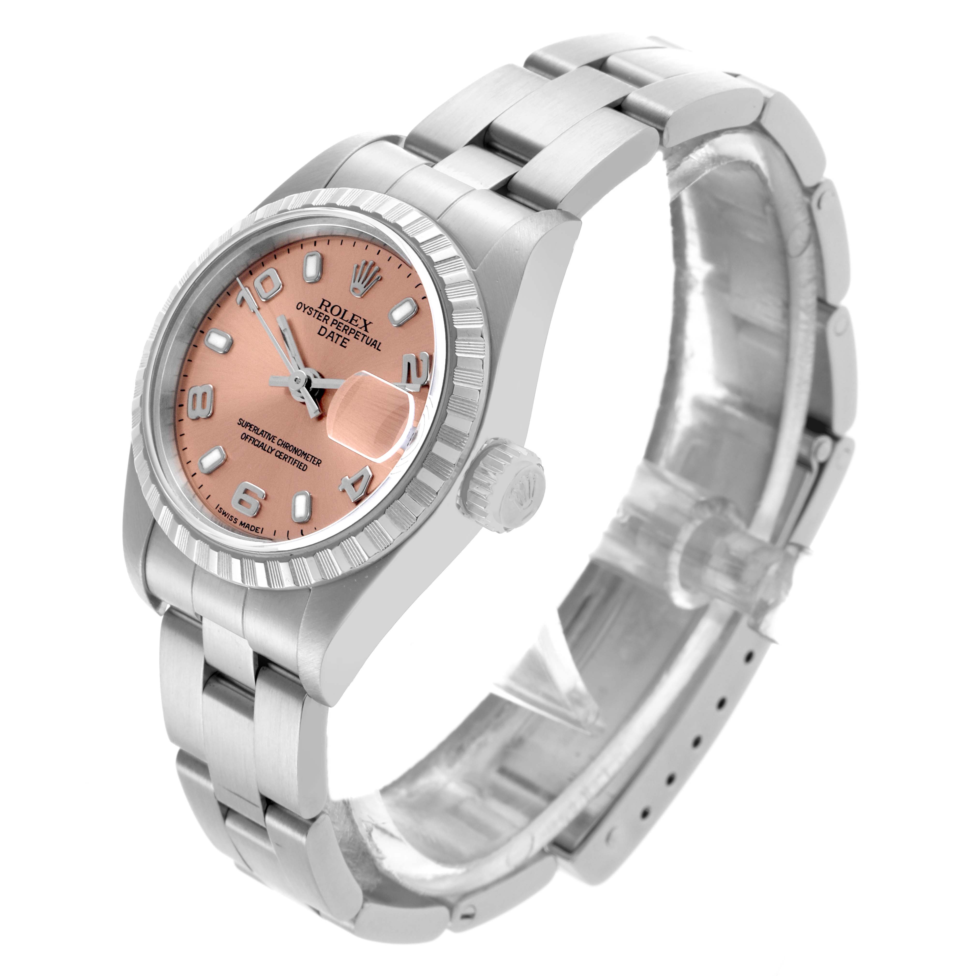 The Rolex Date 79240 Women's Stainless Steel Pink Dial 79240 Women's Stainless Steel Pink Dial watch is shown at a three-quarter angle, displaying the face, bezel, crown, and part of the bracelet.