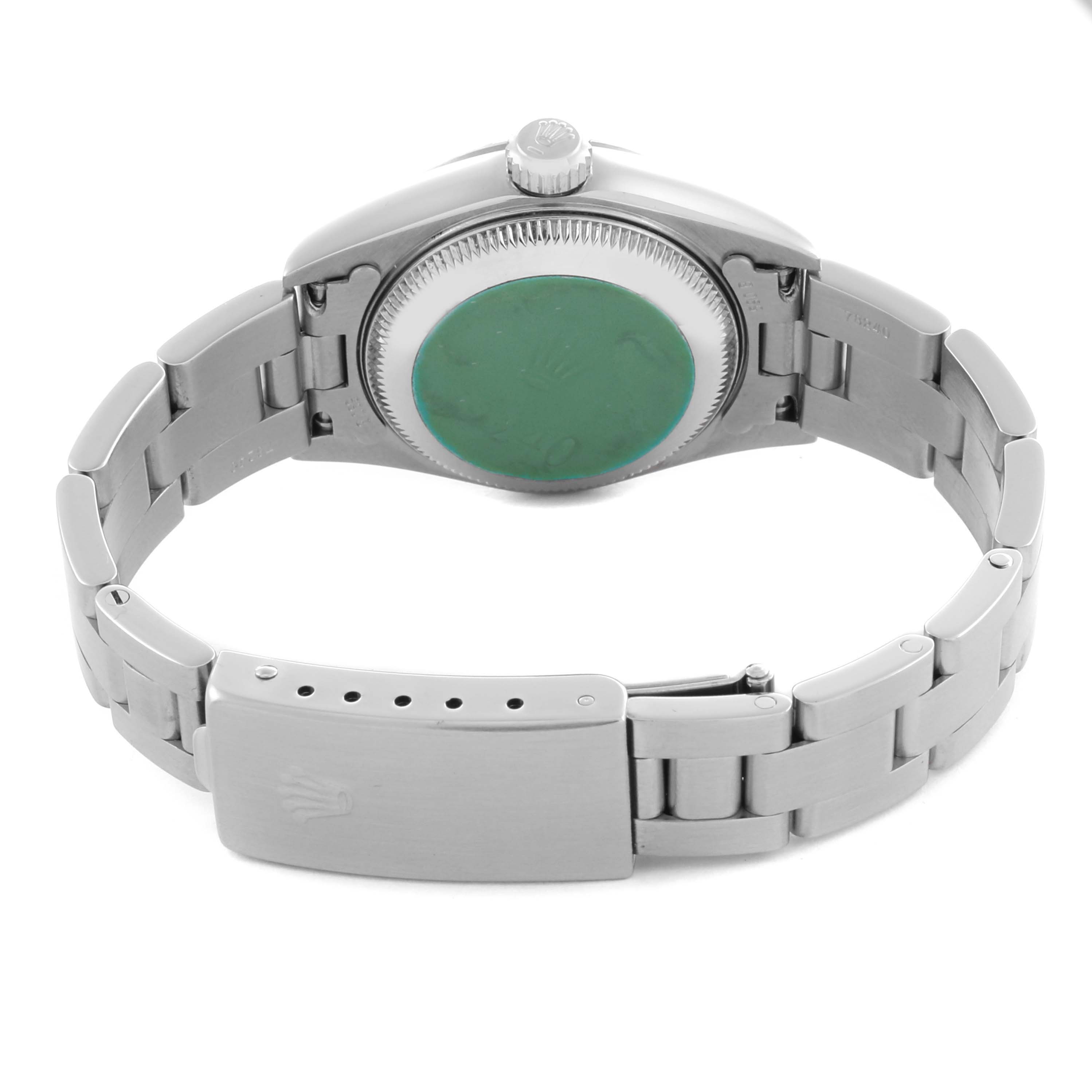 The image shows the back view of a Rolex Date 79240 Women's Stainless Steel Pink Dial 79240 Women's Stainless Steel Pink Dial watch, featuring the case back, bracelet, and clasp.