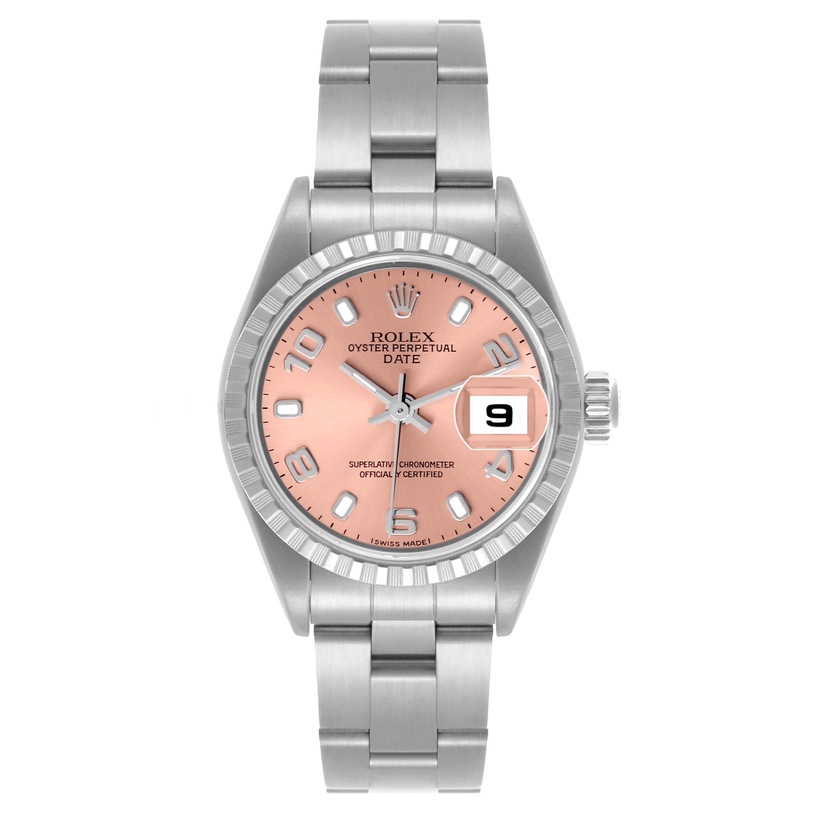 The Rolex Date 79240 Women's Stainless Steel Pink Dial 79240 Women's Stainless Steel Pink Dial model is shown from a top view, displaying the dial, bracelet, and case in full detail.