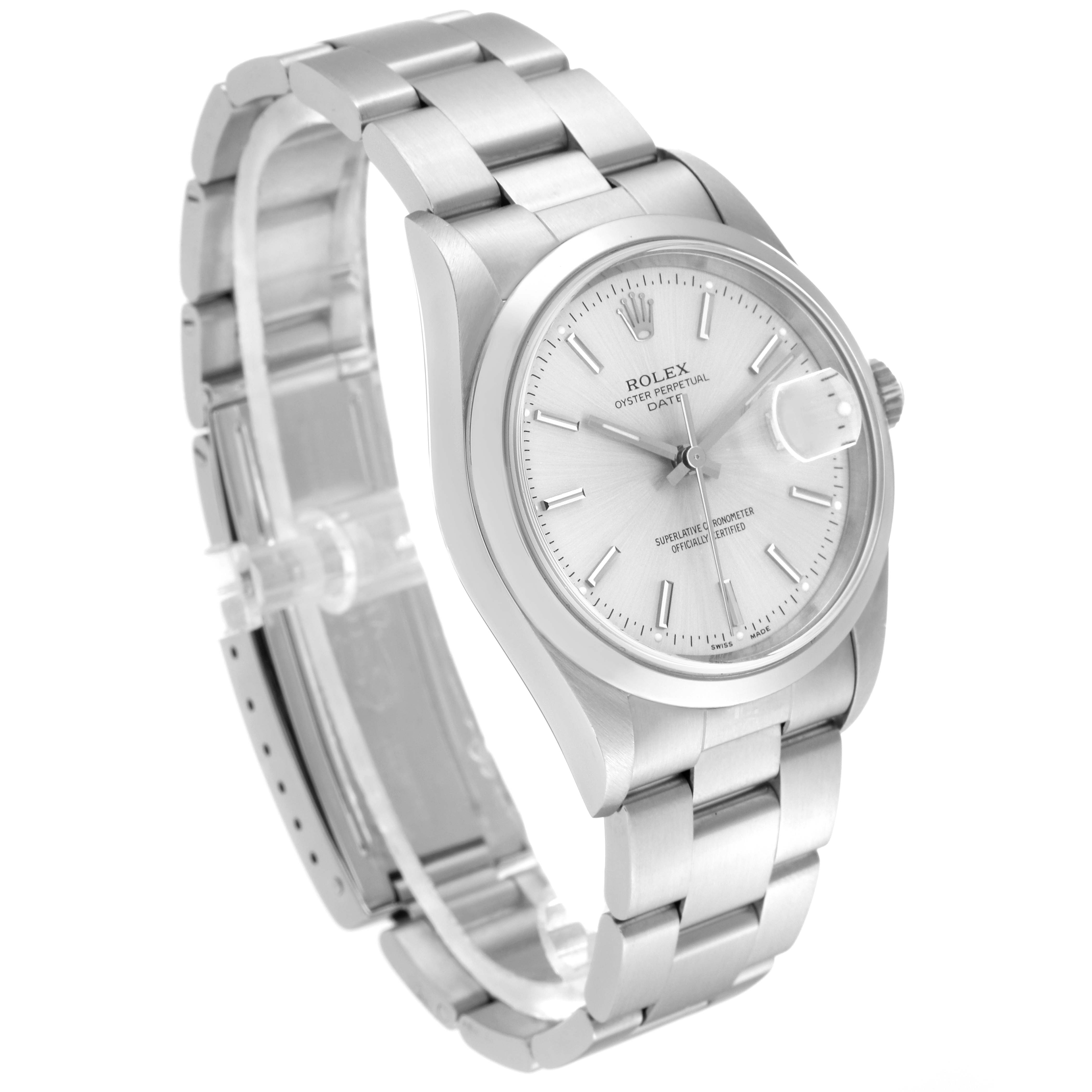The image shows a Rolex Date 15200 Men's Stainless Steel Silver Dial 15200 Men's Stainless Steel Silver Dial model watch at a three-quarter angle, highlighting the bracelet, bezel, dial, and date magnifier.