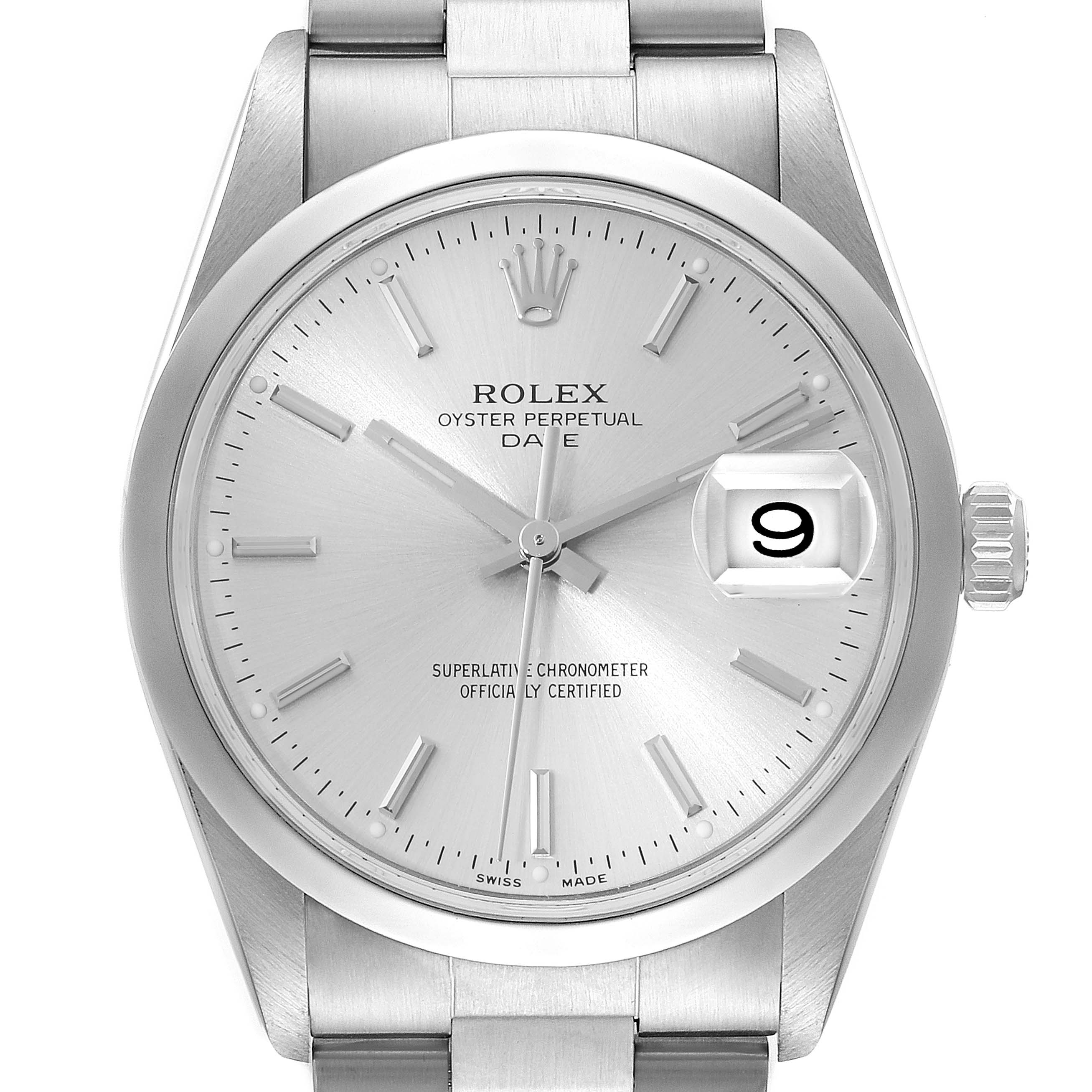 This image shows a front view of the Rolex Date 15200 Men's Stainless Steel Silver Dial 15200 Men's Stainless Steel Silver Dial model watch featuring its dial, hands, crown, and bracelet.