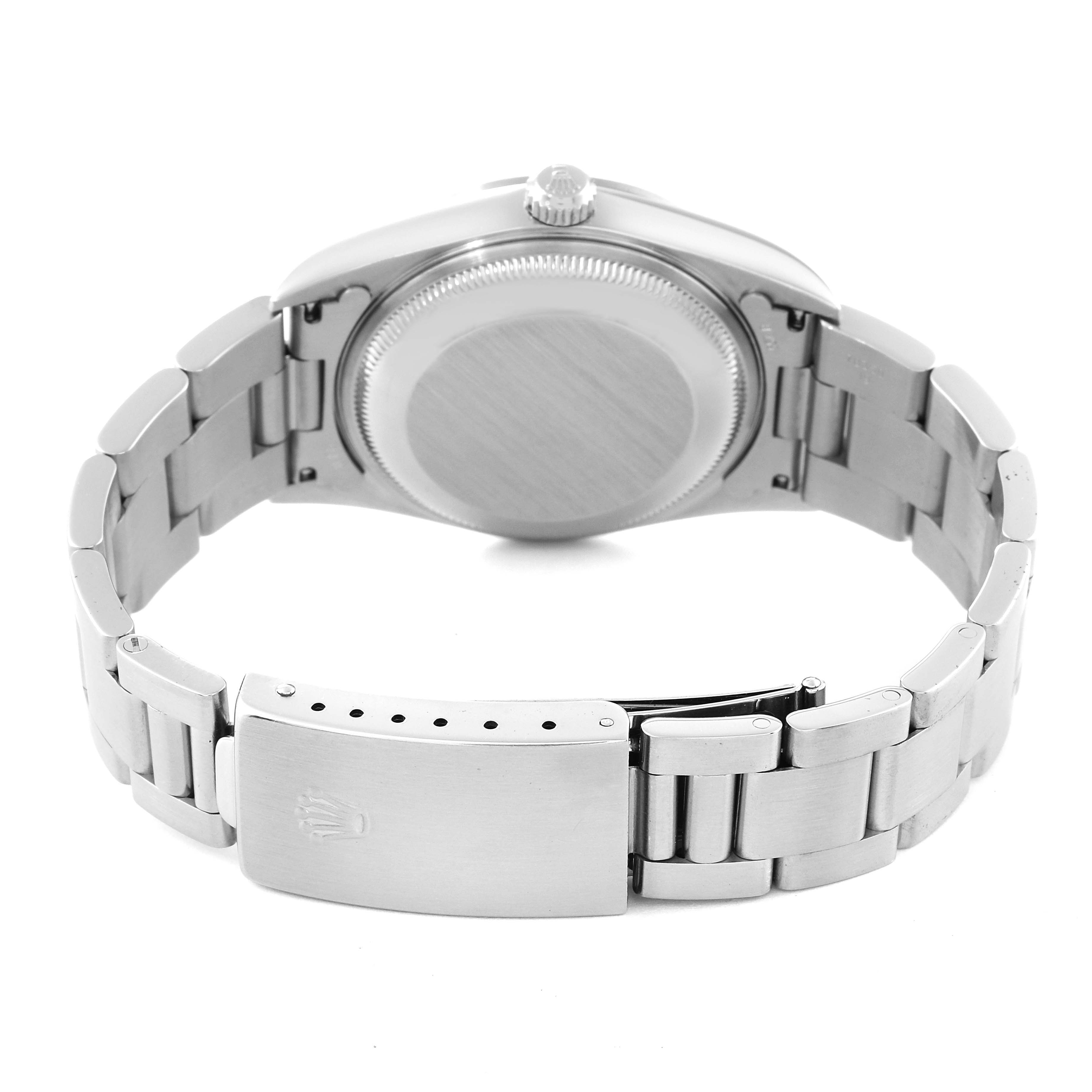 The image shows the back case and bracelet clasp of a Rolex Date 15200 Men's Stainless Steel Silver Dial 15200 Men's Stainless Steel Silver Dial model watch, viewed from the rear.