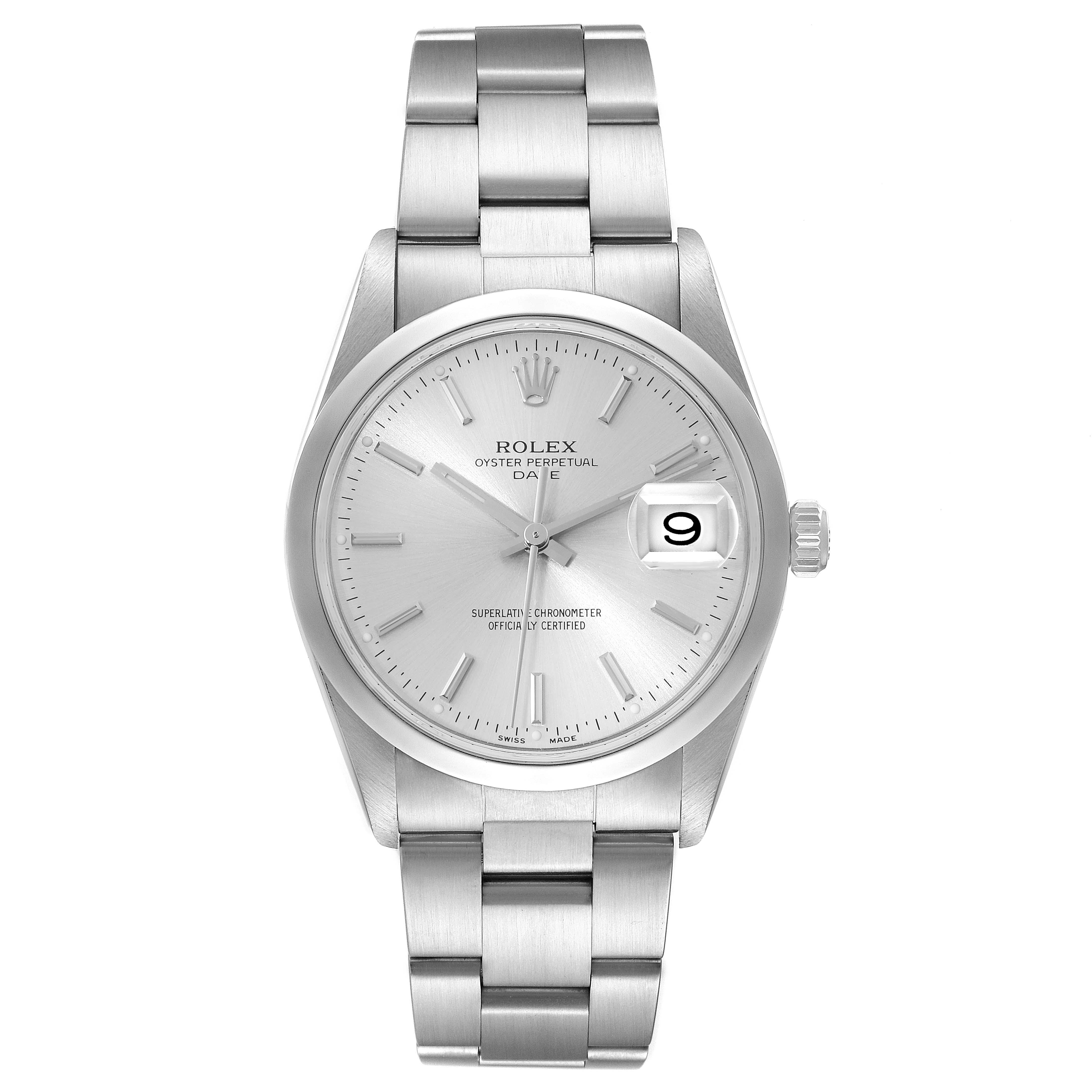 The image shows a front view of a Rolex Date 15200 Men's Stainless Steel Silver Dial 15200 Men's Stainless Steel Silver Dial model watch, highlighting its face, hands, date window, and bracelet.