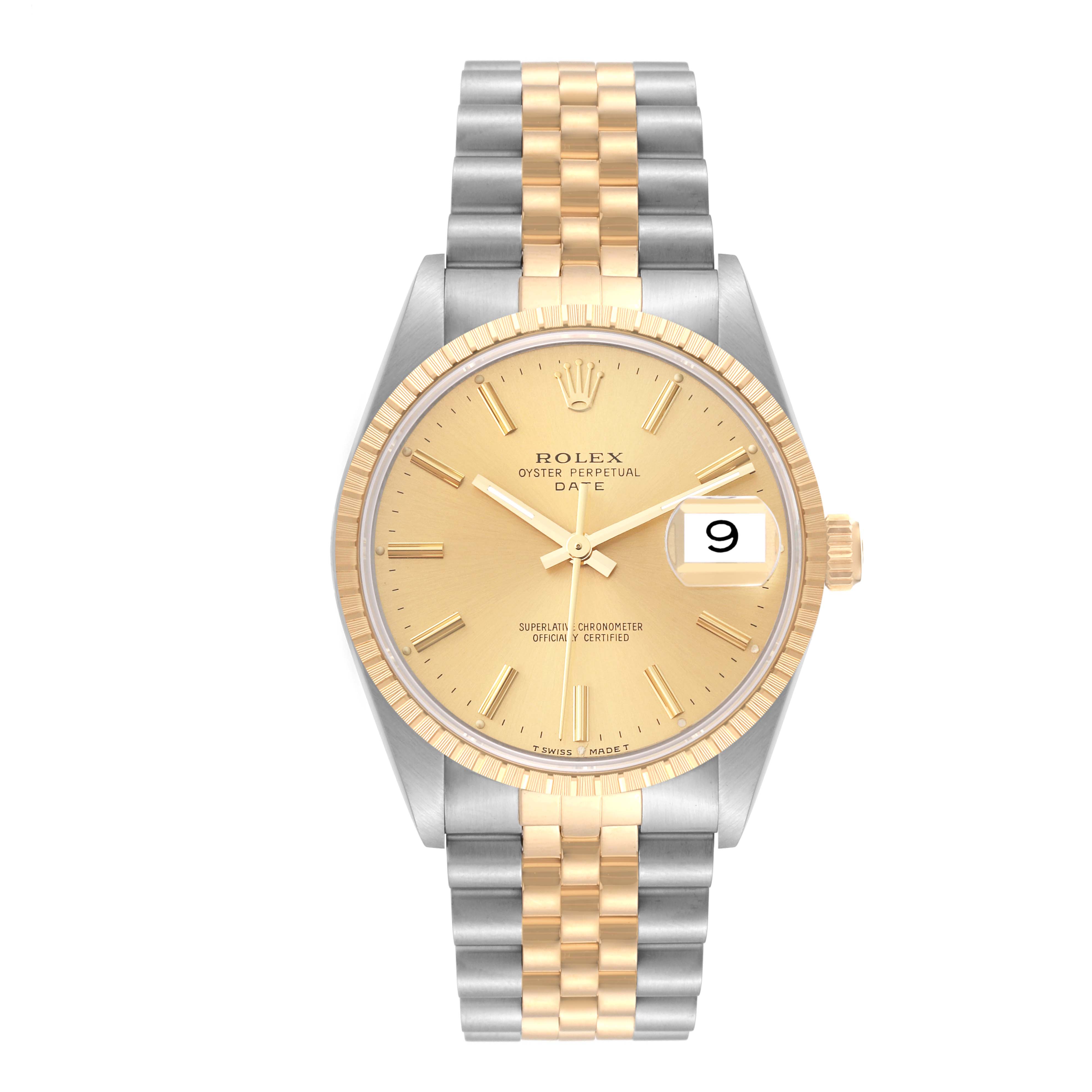 This image shows a frontal view of a Rolex Date 15223 Men's Steel and Gold (two tone) Champagne Dial 15223 Men's Steel and Gold (two tone) Champagne Dial model, highlighting its gold and silver bracelet and champagne-colored dial.