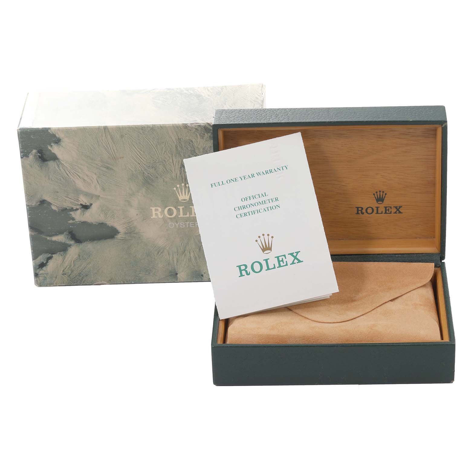 The image shows an open Rolex Date 15223 Men's Steel and Gold (two tone) Champagne Dial 15223 Men's Steel and Gold (two tone) Champagne Dial model watch box with a warranty and chronometer certification booklet.