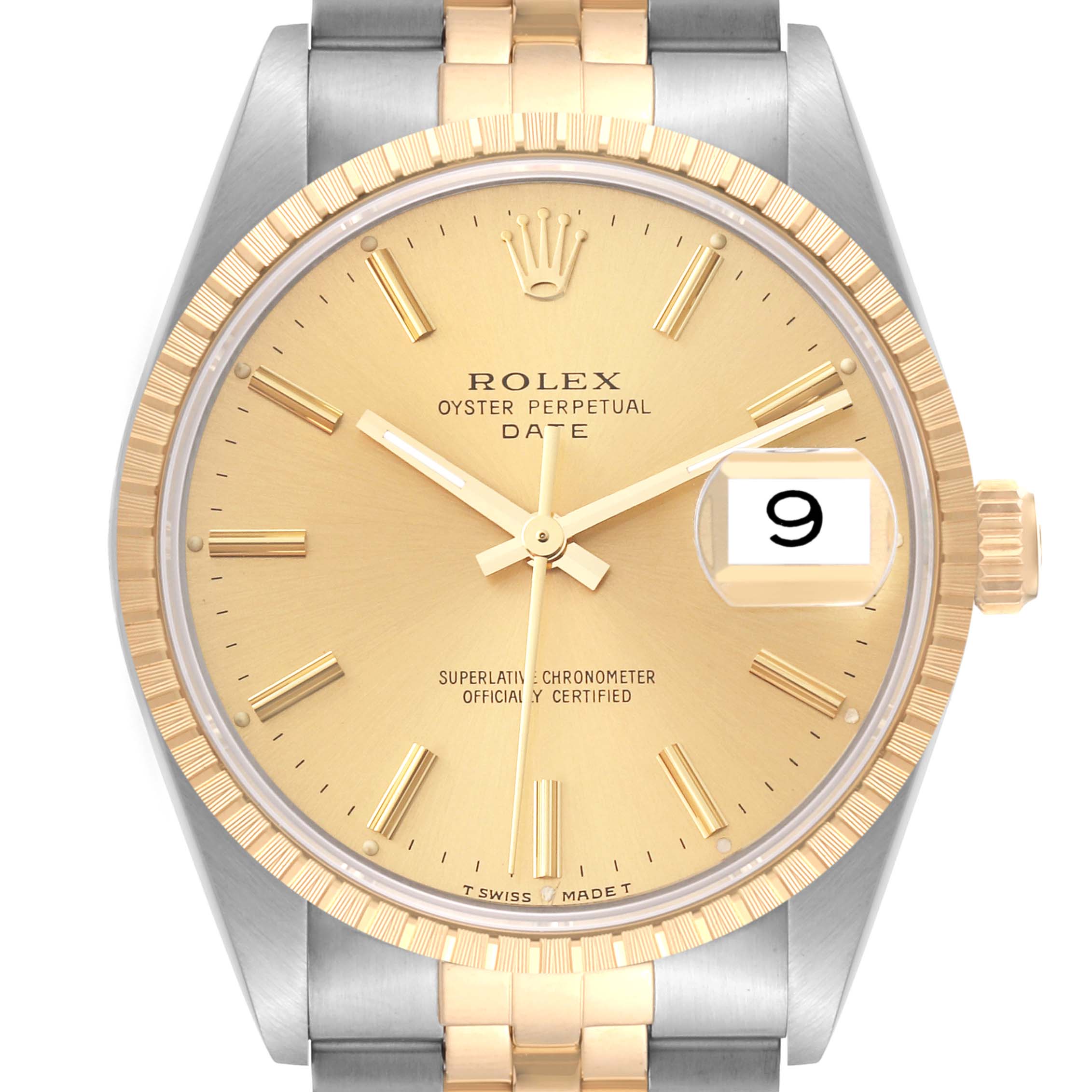 This is a close-up view of a Rolex Date 15223 Men's Steel and Gold (two tone) Champagne Dial 15223 Men's Steel and Gold (two tone) Champagne Dial model watch, showing the face, date window, and part of the bracelet.