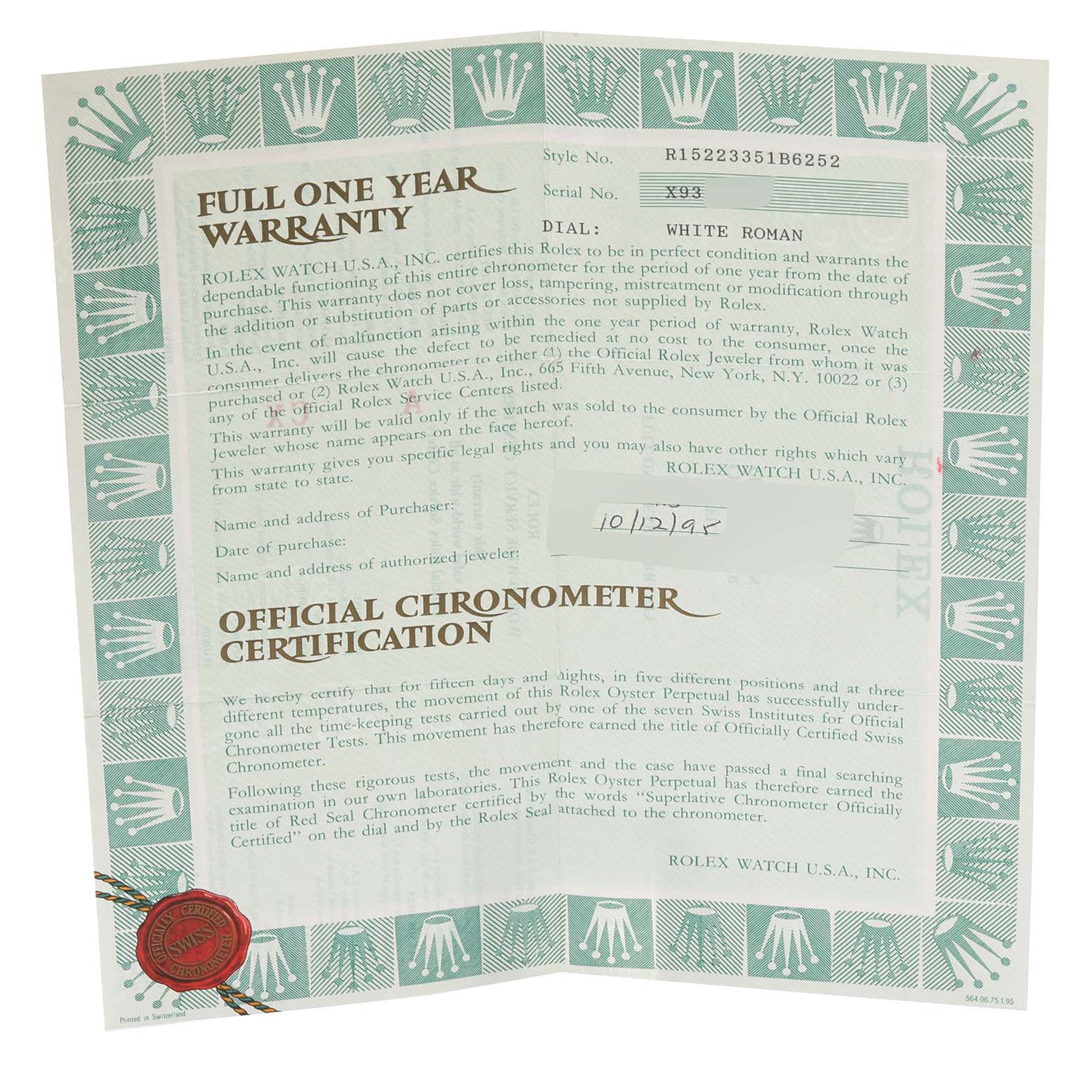 This is a top-down view of a warranty and certification document for a Rolex Date 15223 Men's Steel and Gold (two tone) Champagne Dial 15223 Men's Steel and Gold (two tone) Champagne Dial model watch.