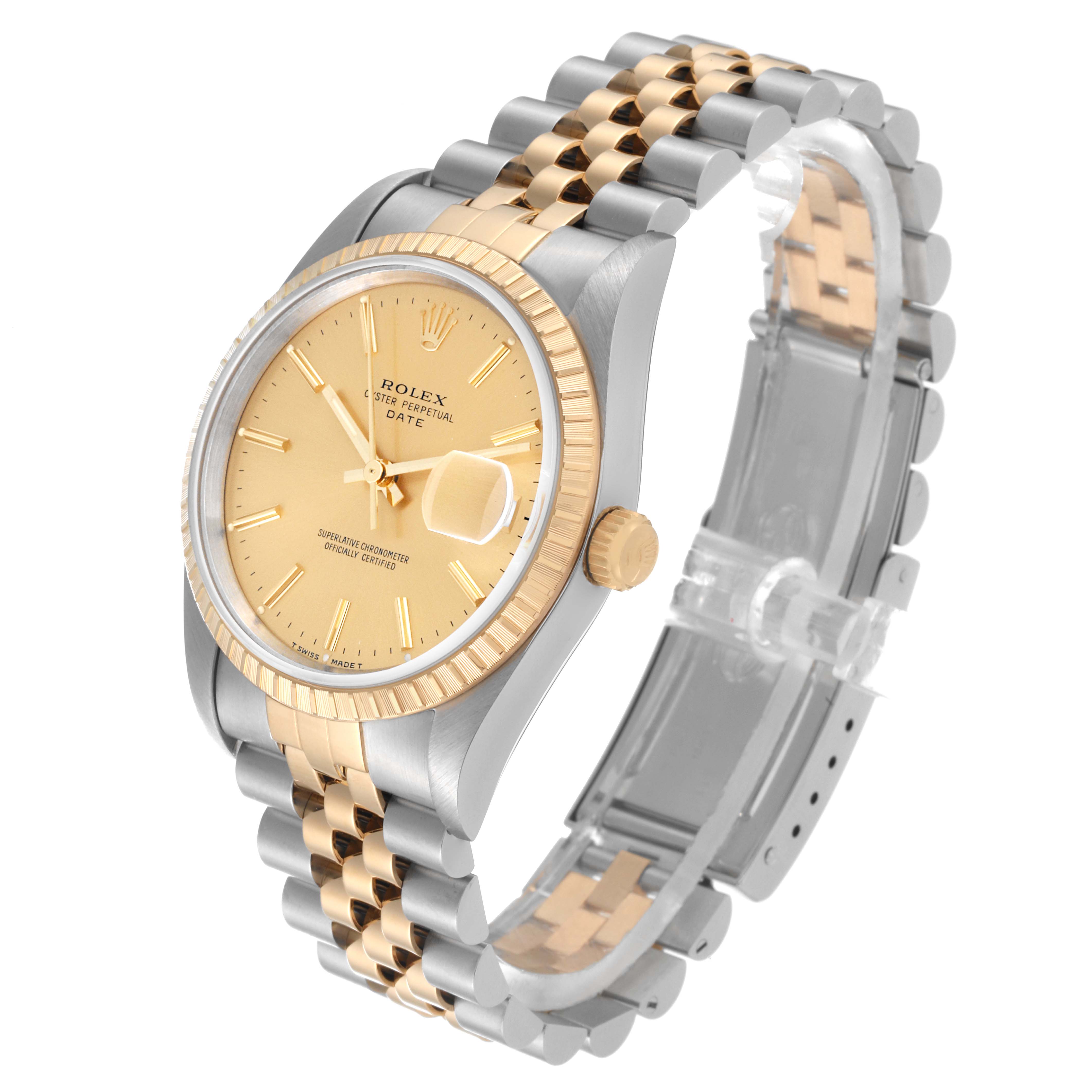 The image shows a Rolex Date 15223 Men's Steel and Gold (two tone) Champagne Dial 15223 Men's Steel and Gold (two tone) Champagne Dial watch at a three-quarter angle, highlighting its gold dial, fluted bezel, and two-tone bracelet.