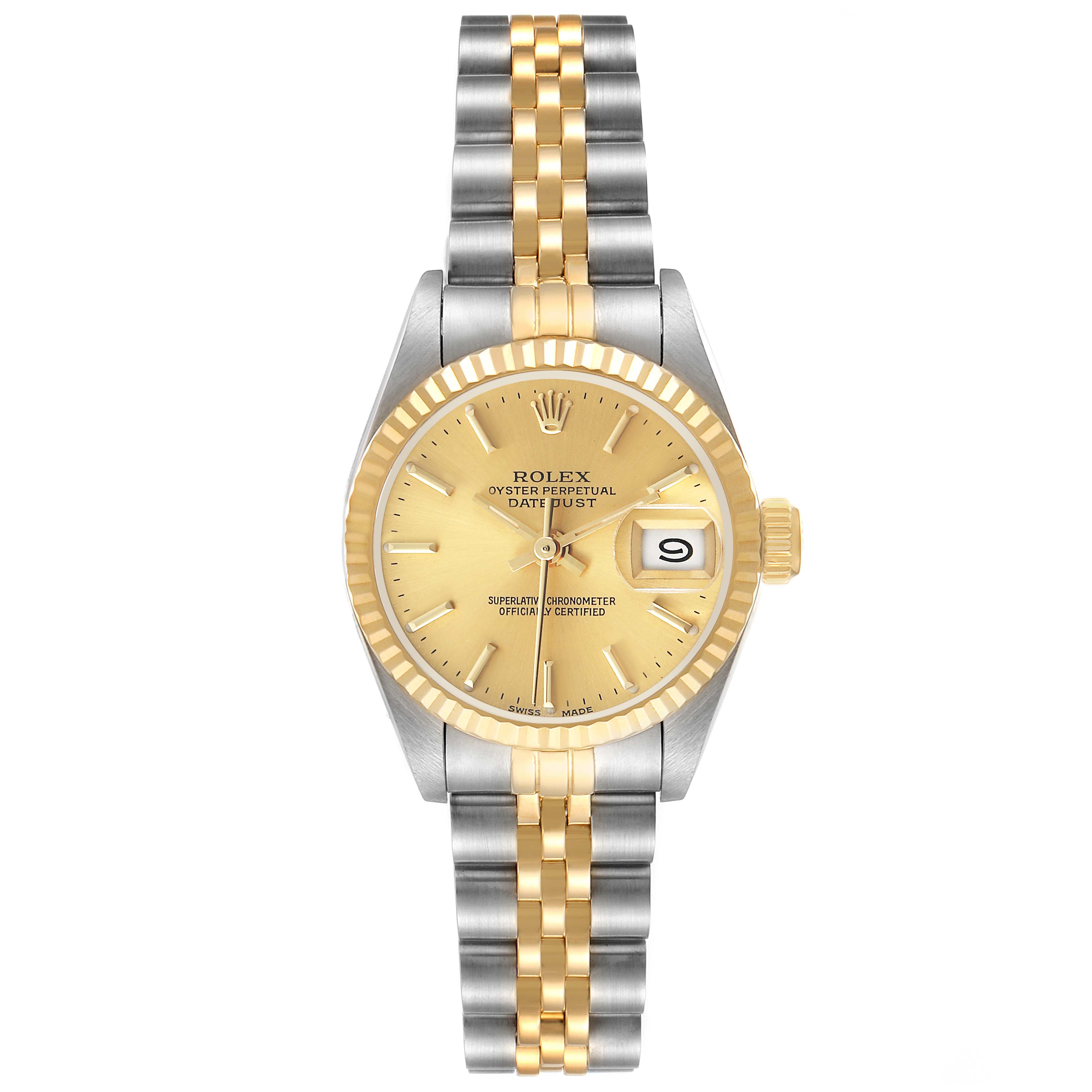 The Rolex Datejust 69173 Women's Steel and Gold (two tone) Champagne Dial watch is shown from a front angle, displaying the dial, bezel, bracelet, and crown.
