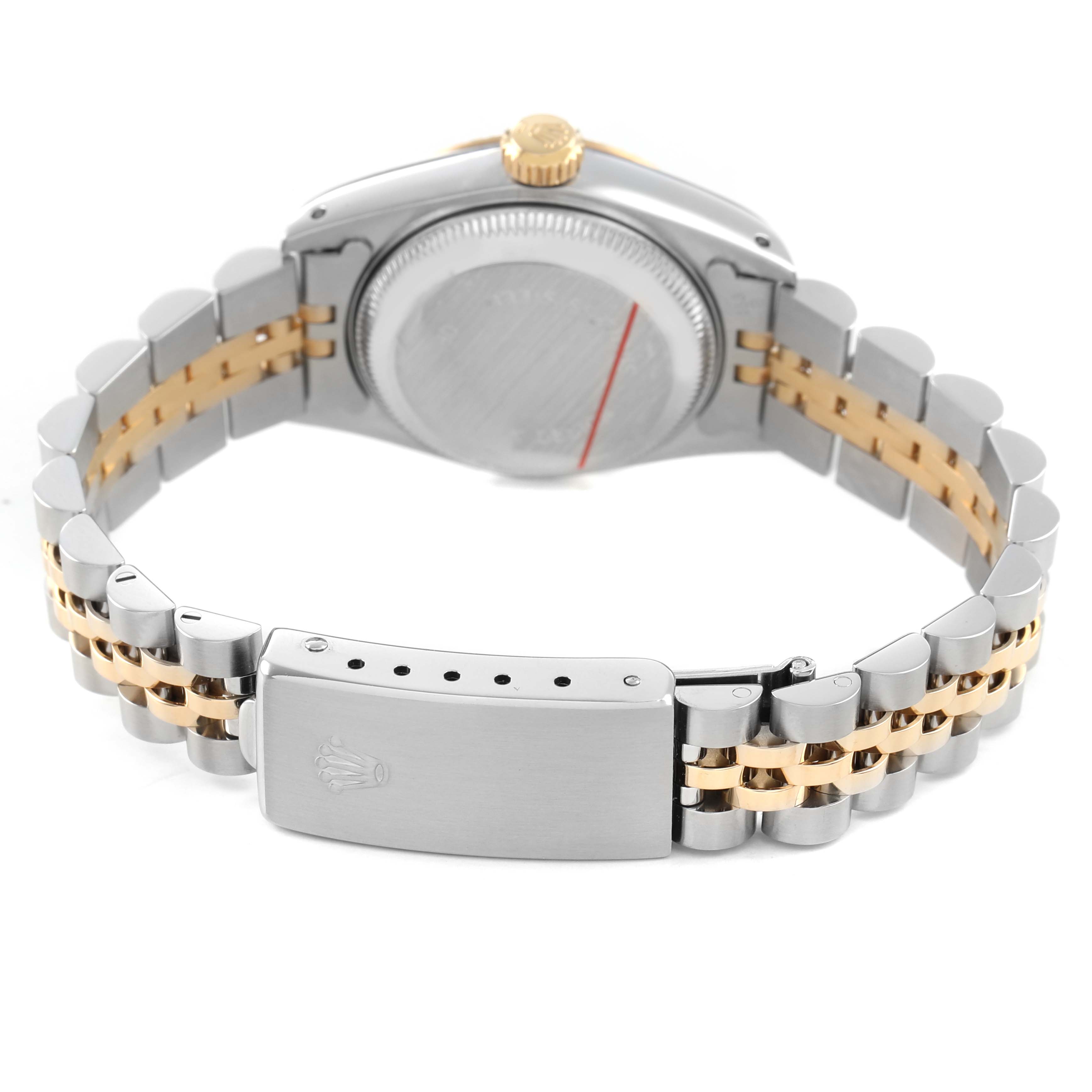The image shows the back view of a Rolex Datejust 69173 Women's Steel and Gold (two tone) Champagne Dial watch, featuring the clasp, bracelet, and case back.