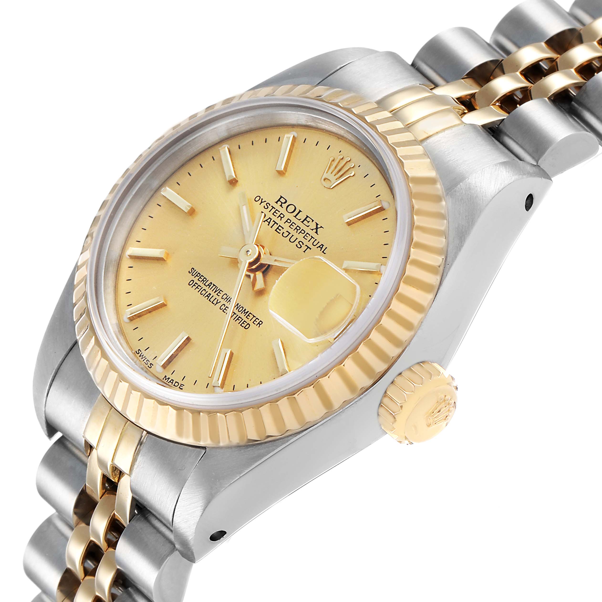 The Rolex Datejust 69173 Women's Steel and Gold (two tone) Champagne Dial watch is shown at a three-quarter angle highlighting the gold dial, fluted bezel, and two-tone Jubilee bracelet.