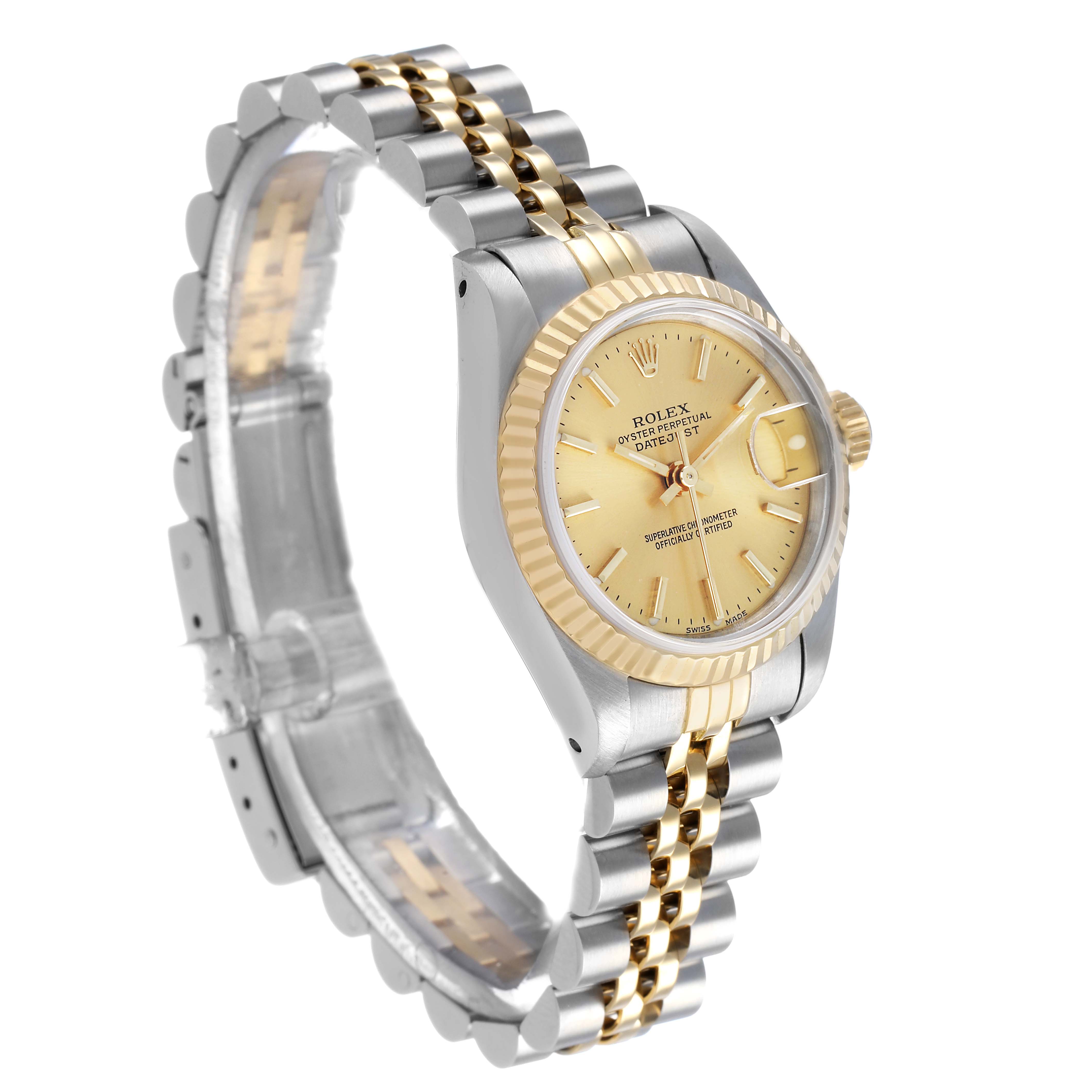 The image shows a side angle of a Rolex Datejust 69173 Women's Steel and Gold (two tone) Champagne Dial watch, highlighting the gold dial, fluted bezel, and two-tone Jubilee bracelet.